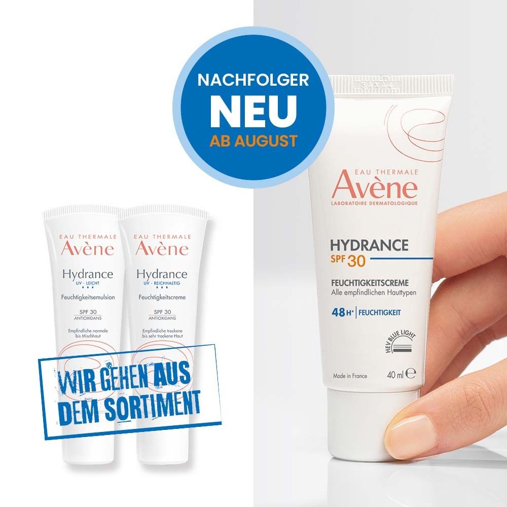 Zwei Tuben Avène Hydrance, eine mit Text: Wir gehen aus dem Sortiment. Eine Tube Hydrance SPF 30.