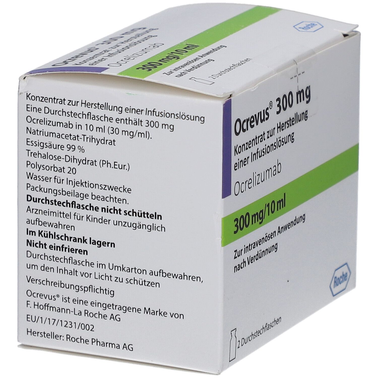 Ocrevus 300 mg, Konzentrat zur Herstellung einer Infusionslösung. Packungsbeilage mit Inhaltsstoffen. Roche Logo.