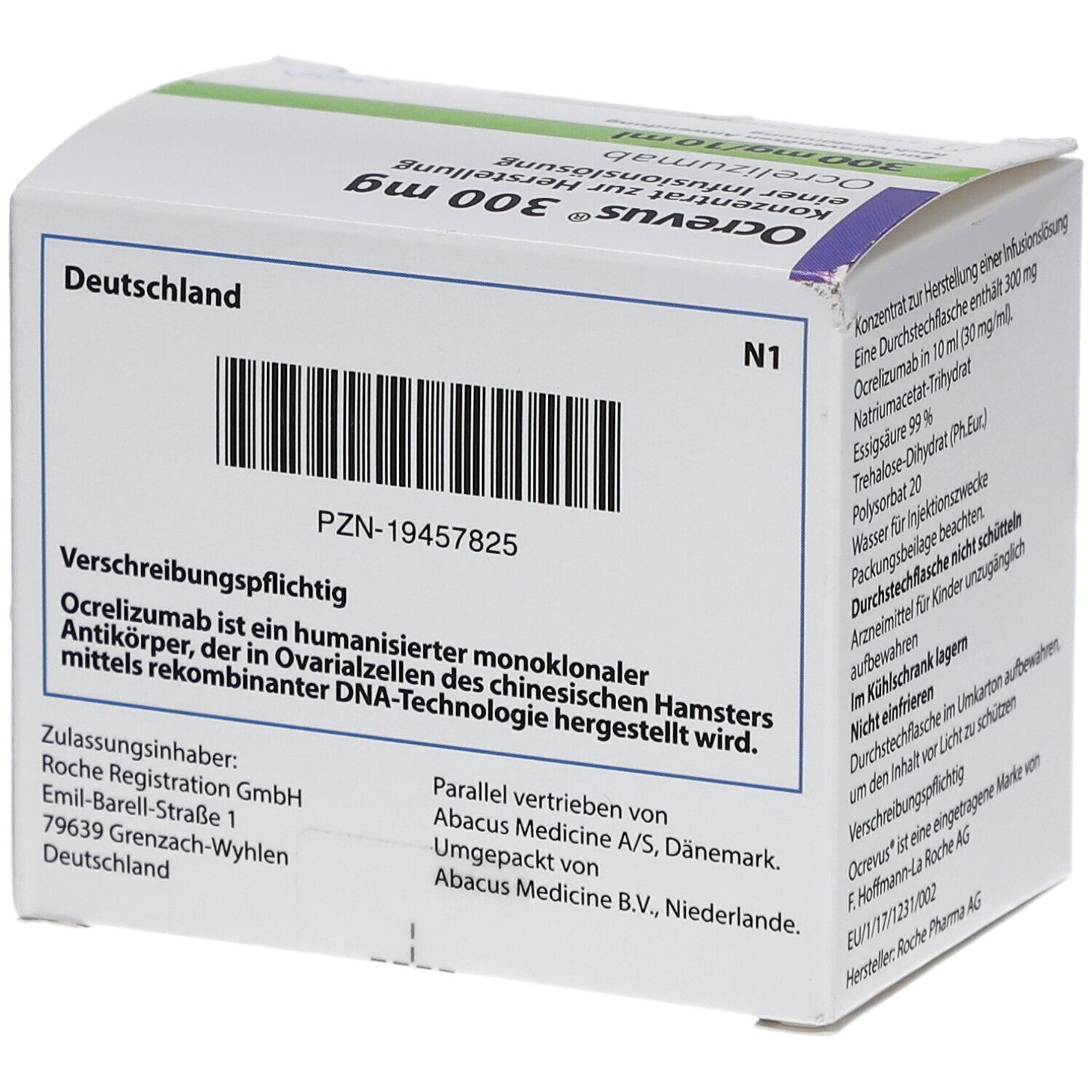 Ocrevus 300 mg, Konzentrat zur Herstellung einer Infusionslösung. Packungsseite mit Barcode und Herstellerinformationen.