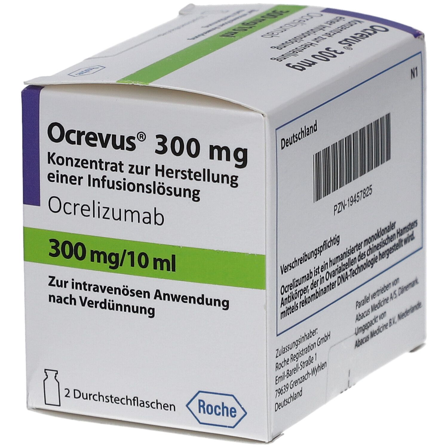 Ocrevus 300 mg, Konzentrat zur Herstellung einer Infusionslösung. Packung mit 2 Durchstechflaschen. Roche Logo.