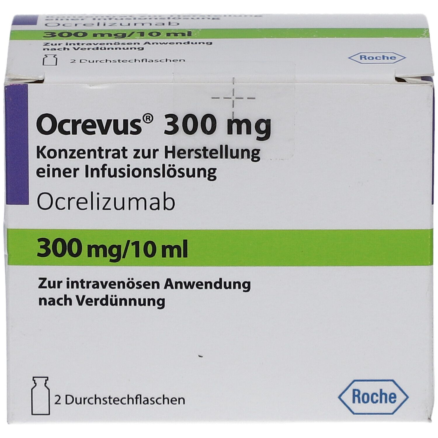 Ocrevus 300 mg, Konzentrat zur Herstellung einer Infusionslösung. Packung mit 2 Durchstechflaschen. Roche Logo.