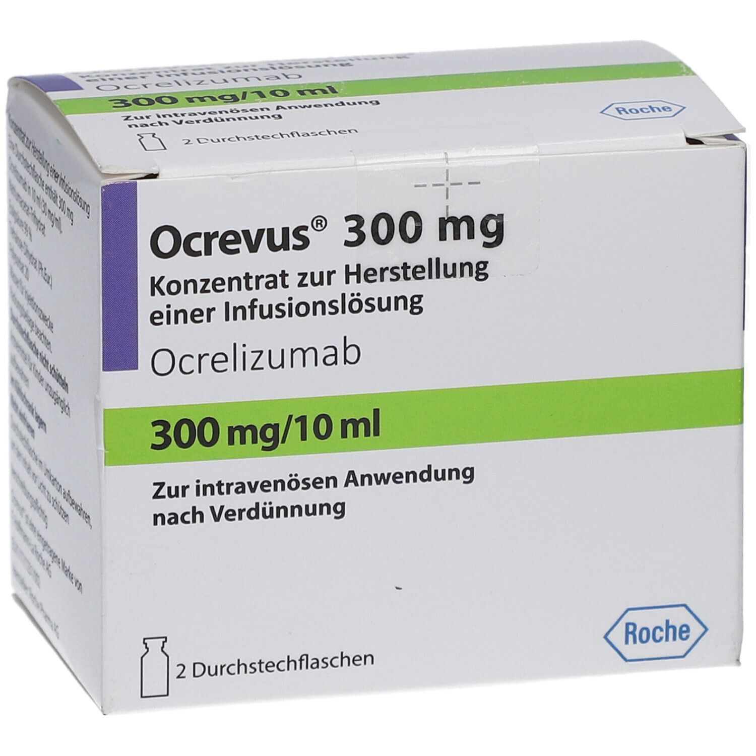 Ocrevus 300 mg, Konzentrat zur Herstellung einer Infusionslösung. Packung mit 2 Durchstechflaschen. Roche Logo.