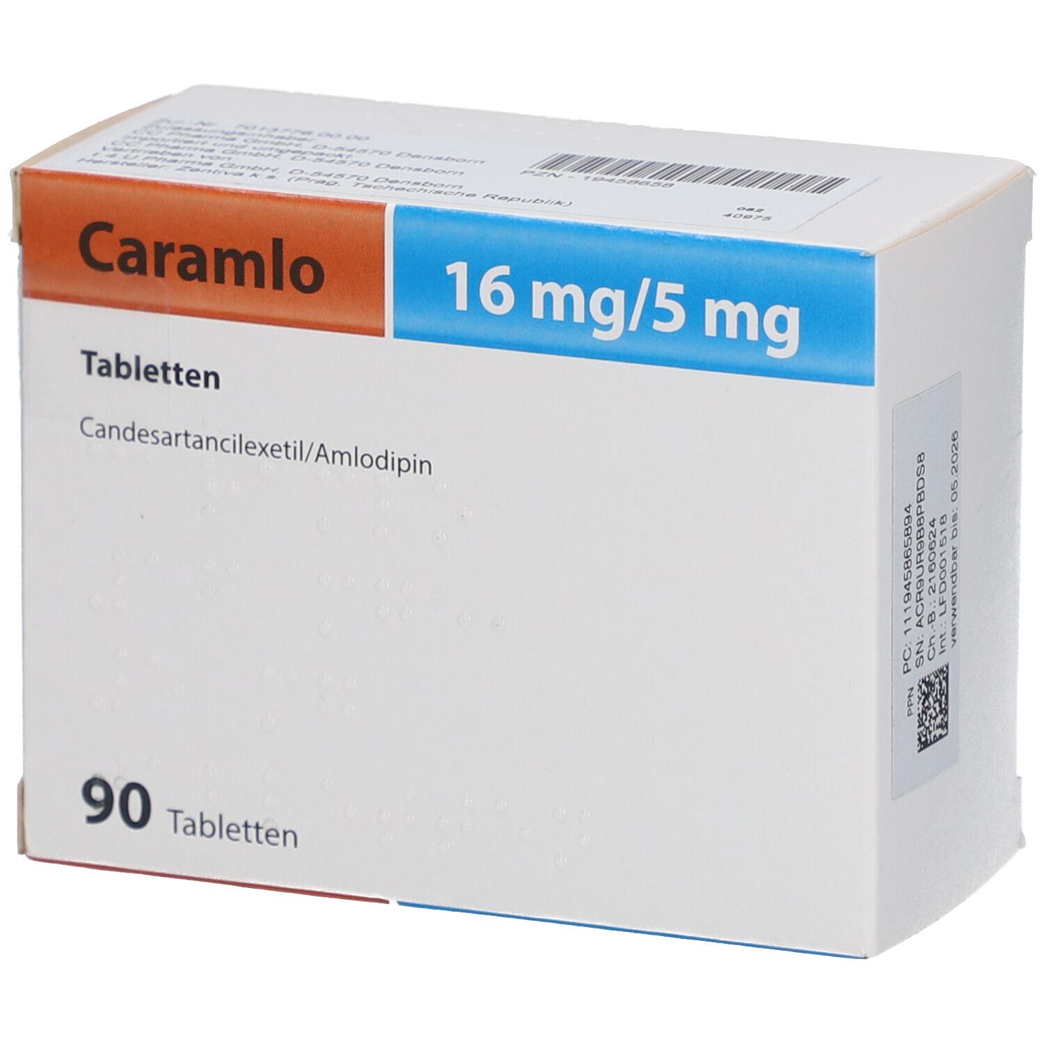 Schachtel mit Tabletten. Aufschrift: Caramlo, 16 mg/5 mg, 90 Tabletten. Enthält Candesartancilexetil/Amlodipin.
