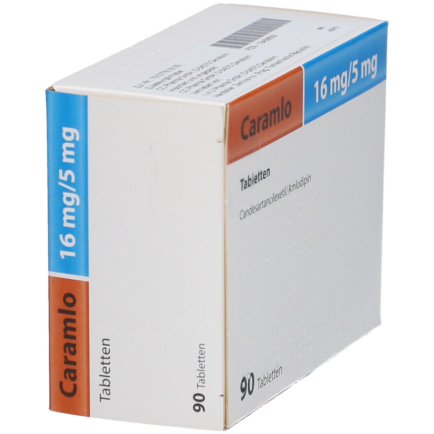 Tablettenschachtel. Aufschrift: Caramlo, 16 mg/5 mg, 90 Tabletten. Enthält Candesartancilexetil/Amlodipin.