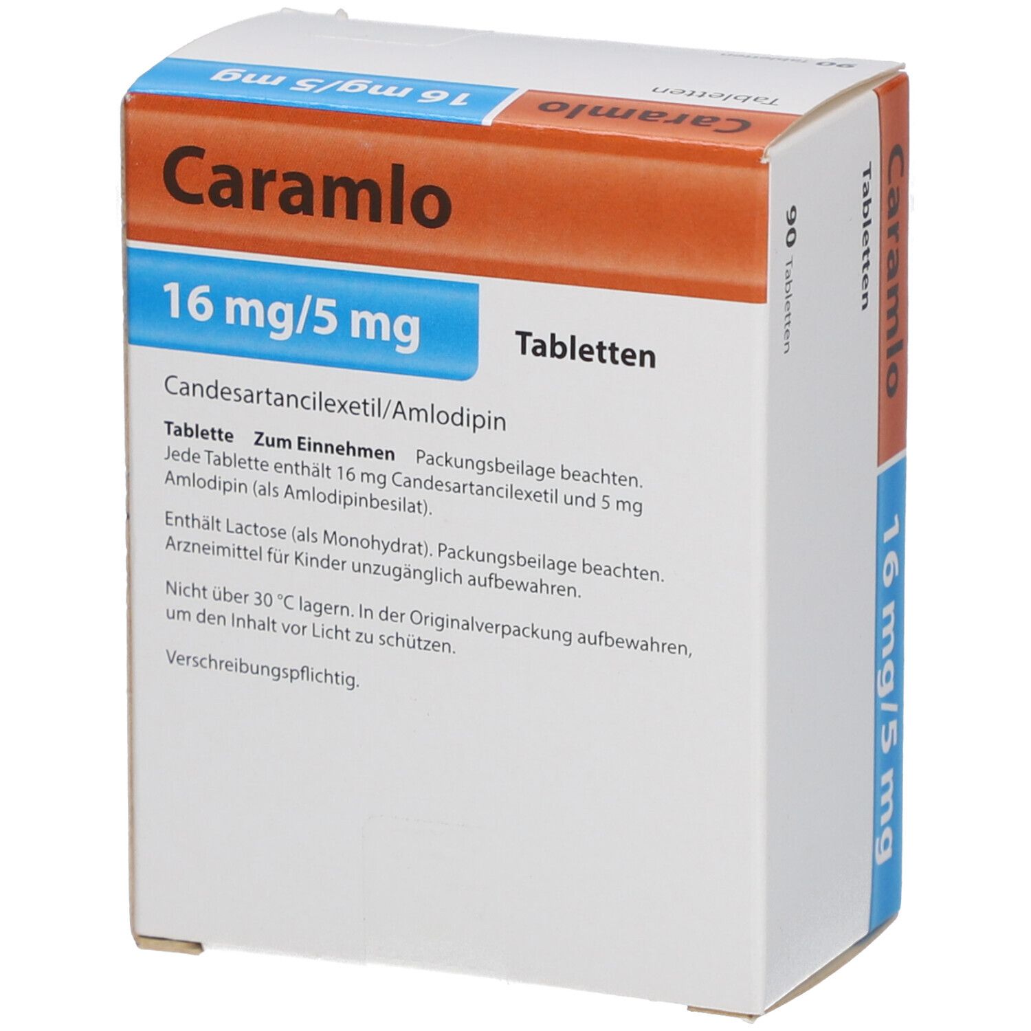 Tablettenschachtel. Aufschrift: Caramlo, 16 mg/5 mg, 90 Tabletten. Enthält Candesartancilexetil/Amlodipin. Beipackzettel.