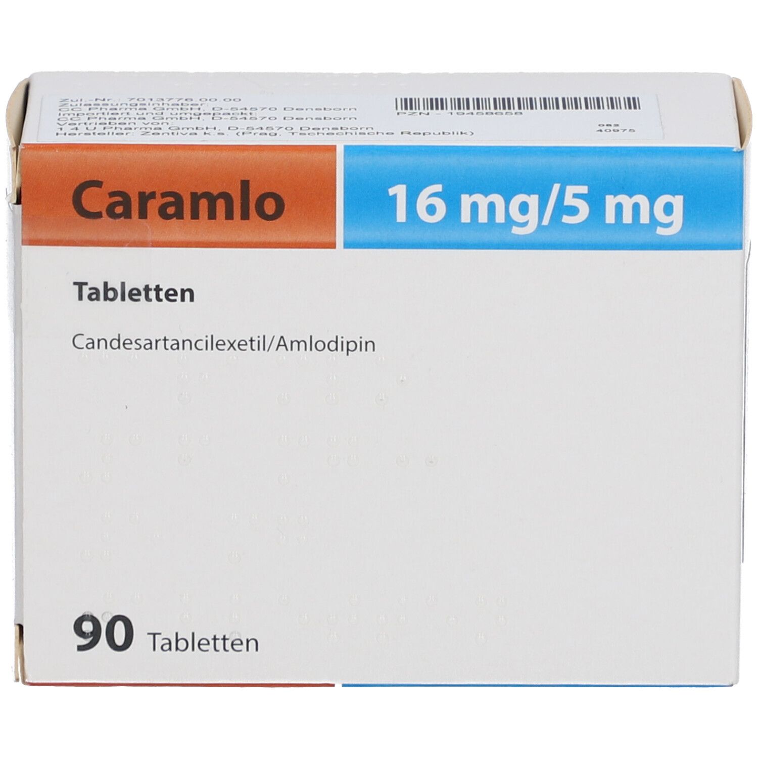 Tablettenschachtel. Aufschrift: Caramlo, 16 mg/5 mg, 90 Tabletten. Enthält Candesartancilexetil/Amlodipin.
