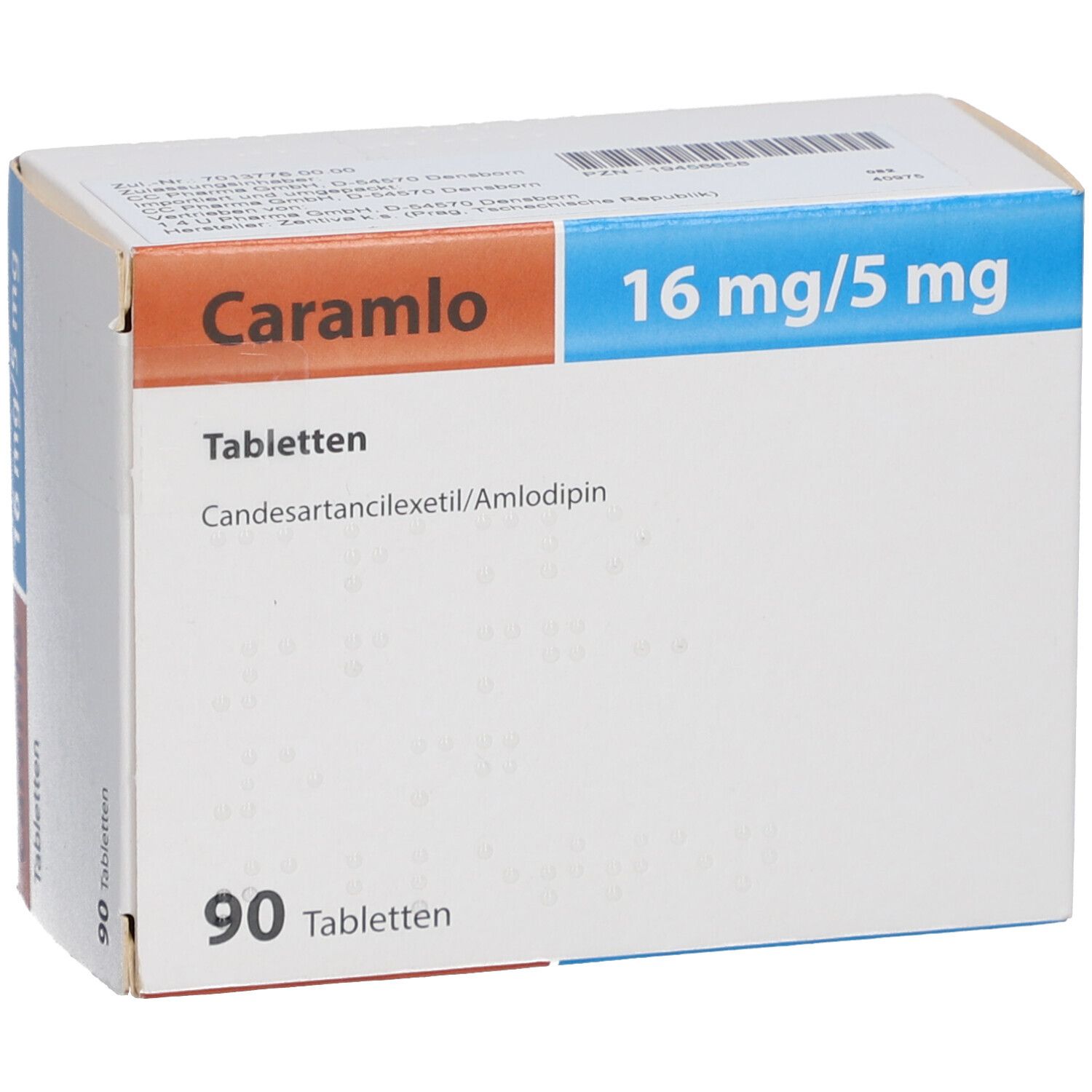Tablettenschachtel. Aufschrift: Caramlo, 16 mg/5 mg, 90 Tabletten. Enthält Candesartancilexetil/Amlodipin.