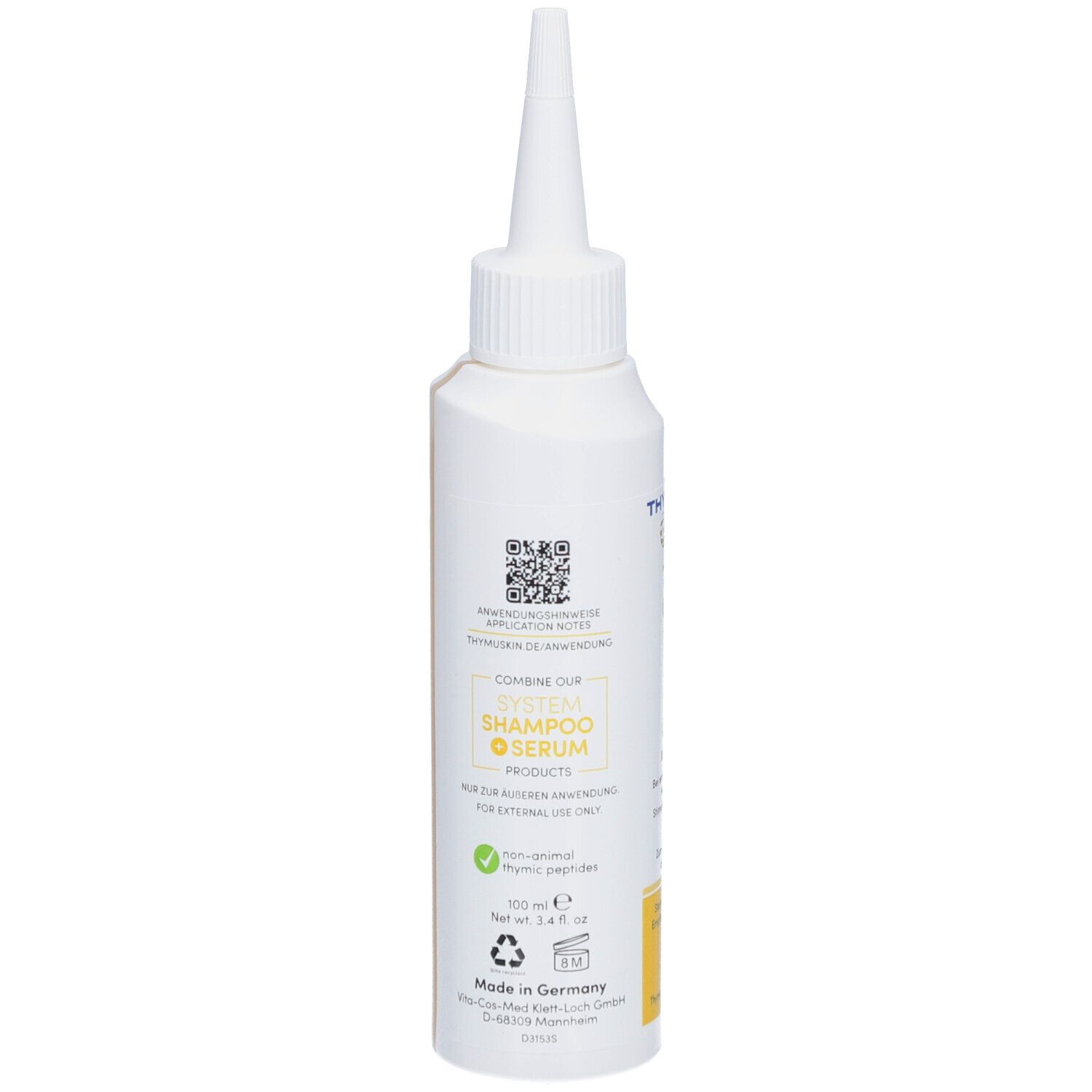 Weiße Flasche mit spitzer Spitze. Aufschrift: Serum Gel Sensitive. Enthält Informationen und QR-Code.