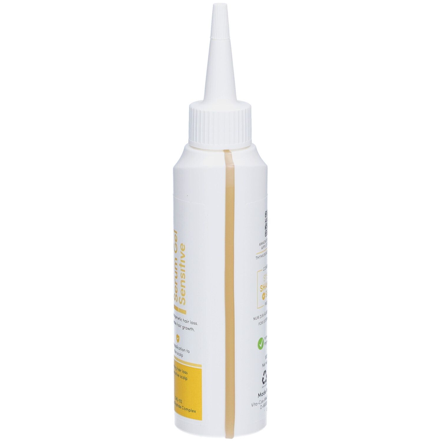 Weiße Flasche mit spitzer Spitze. Aufschrift: Serum Gel Sensitive. Gelber Streifen. Seitenansicht.