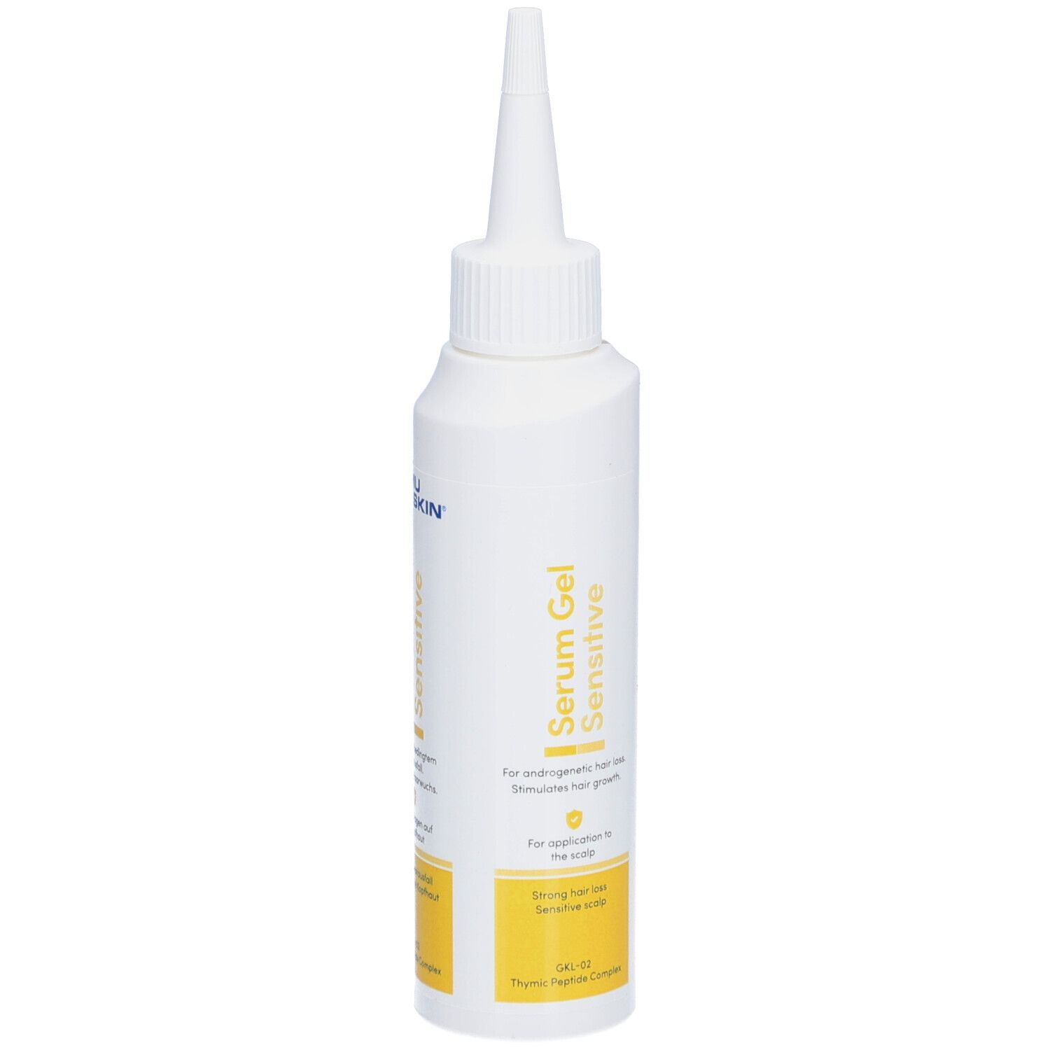 Weiße Flasche mit spitzer Spitze. Aufschrift: Serum Gel Sensitive. Gelber Bereich mit Text.