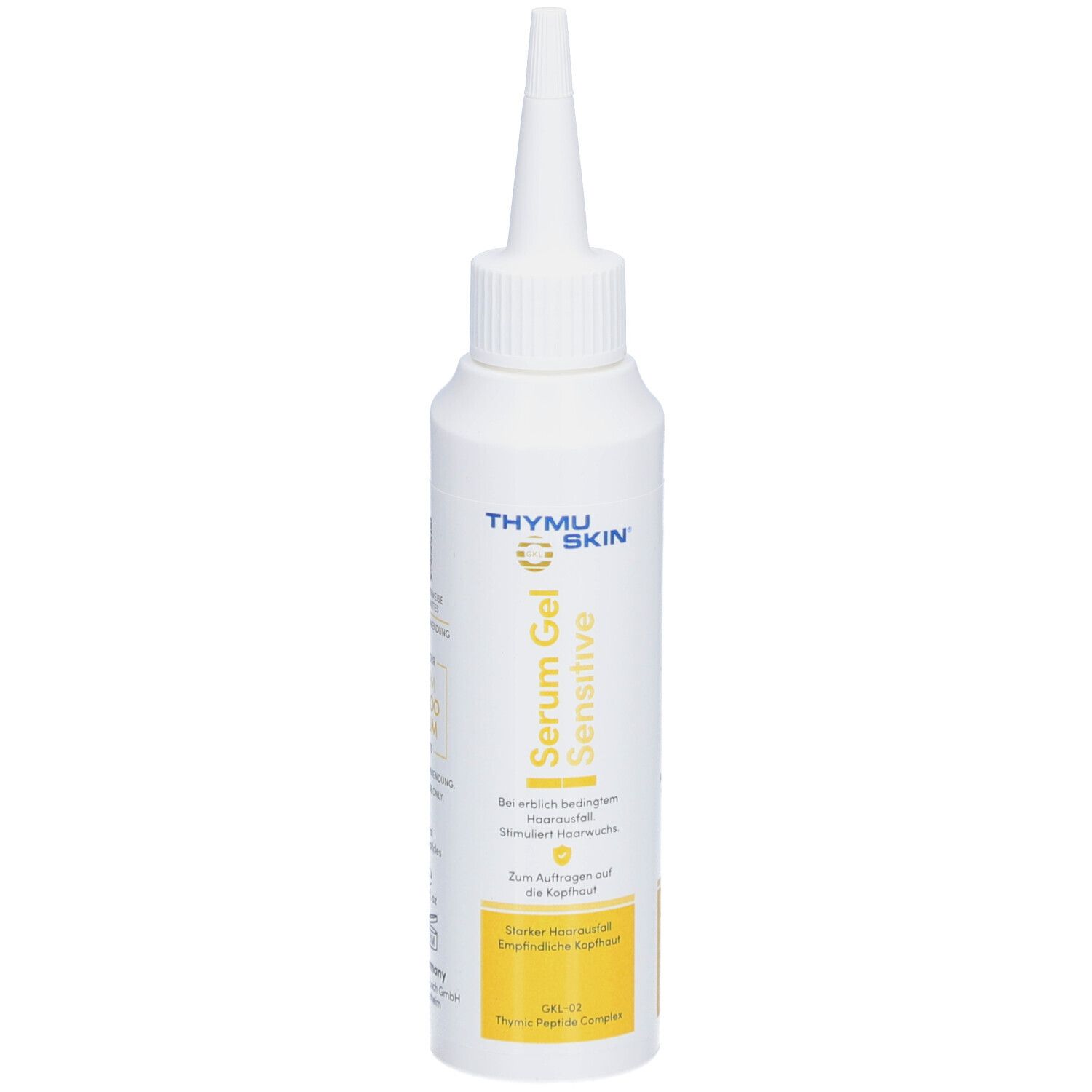 Weiße Flasche mit spitzer Spitze. Aufschrift: Serum Gel Sensitive. Gelber Bereich mit Text.
