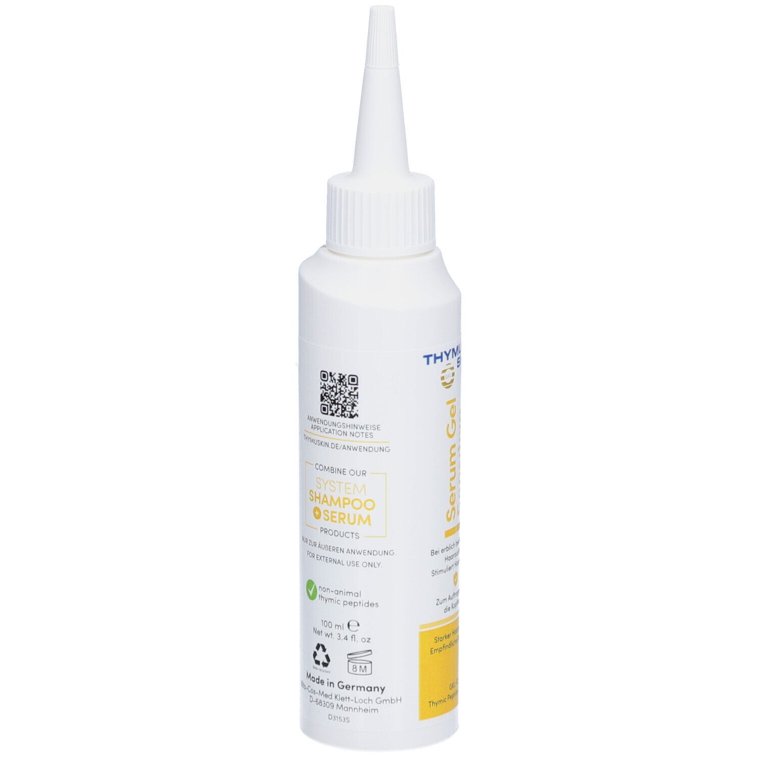 Weiße Flasche mit spitzer Spitze. Aufschrift: Serum Gel Sensitive. Enthält Informationen und QR-Code.