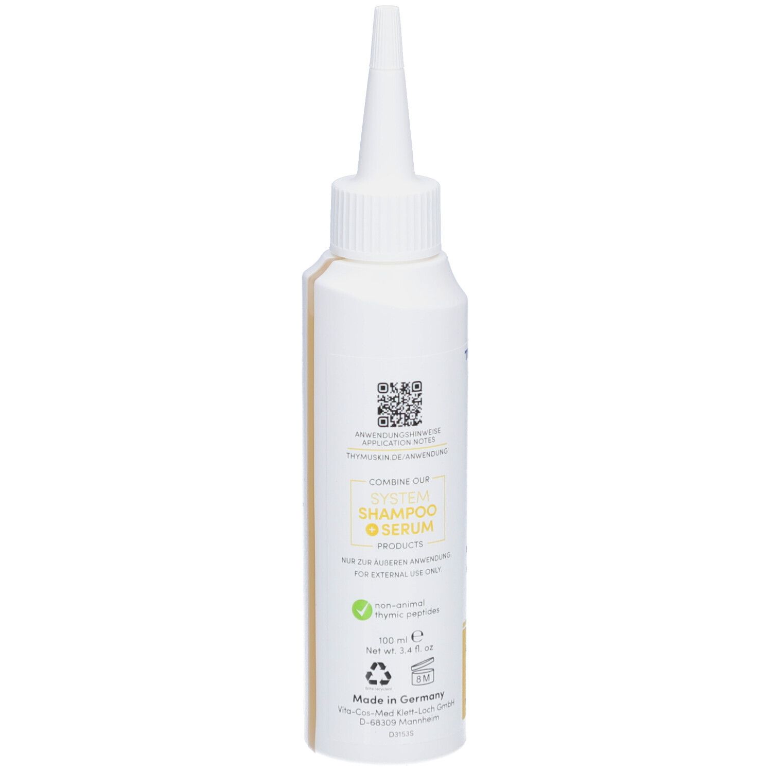 Weiße Flasche mit spitzer Spitze. Aufschrift: Serum Gel Sensitive. Enthält Informationen und QR-Code.