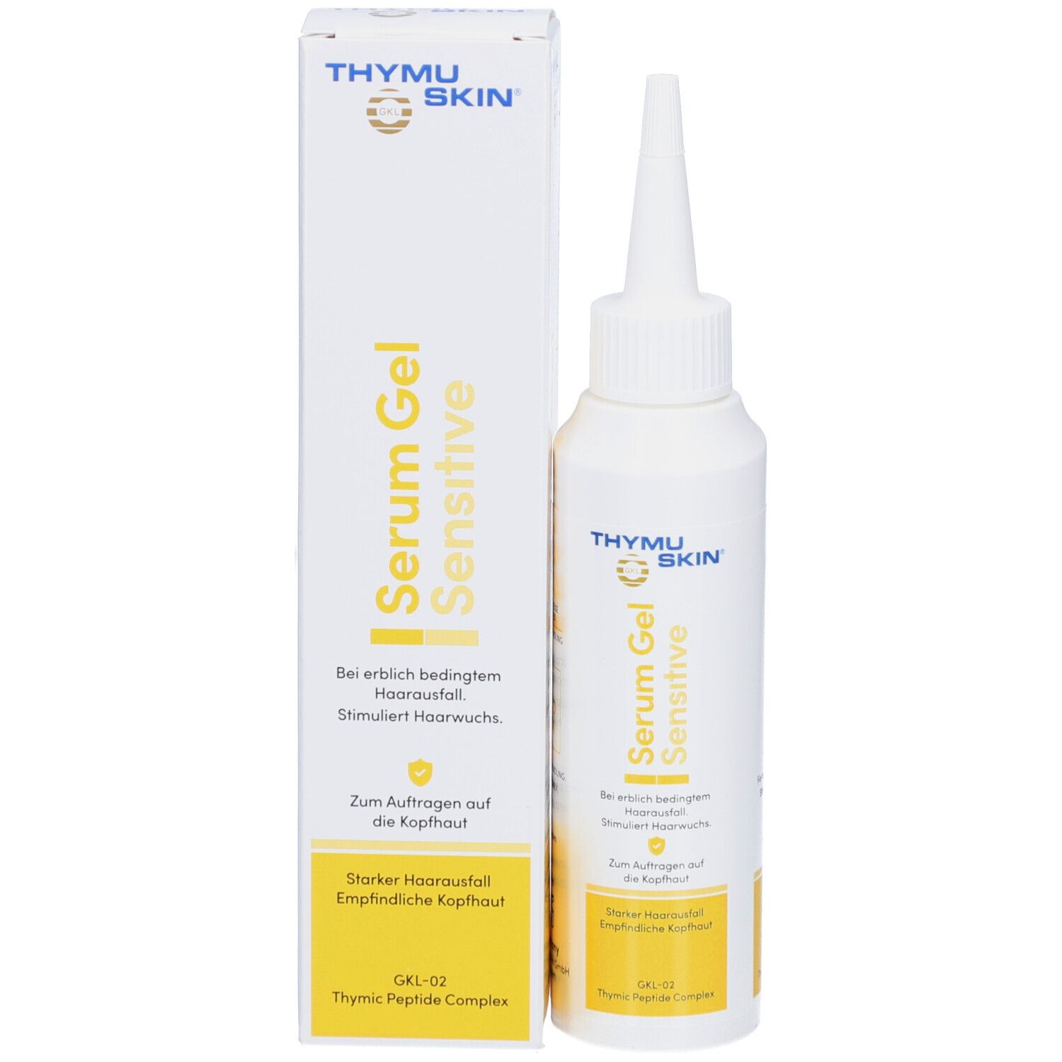 Produktflasche und Verpackung. Aufschrift: Serum Gel Sensitive. Gelber Bereich mit Text.