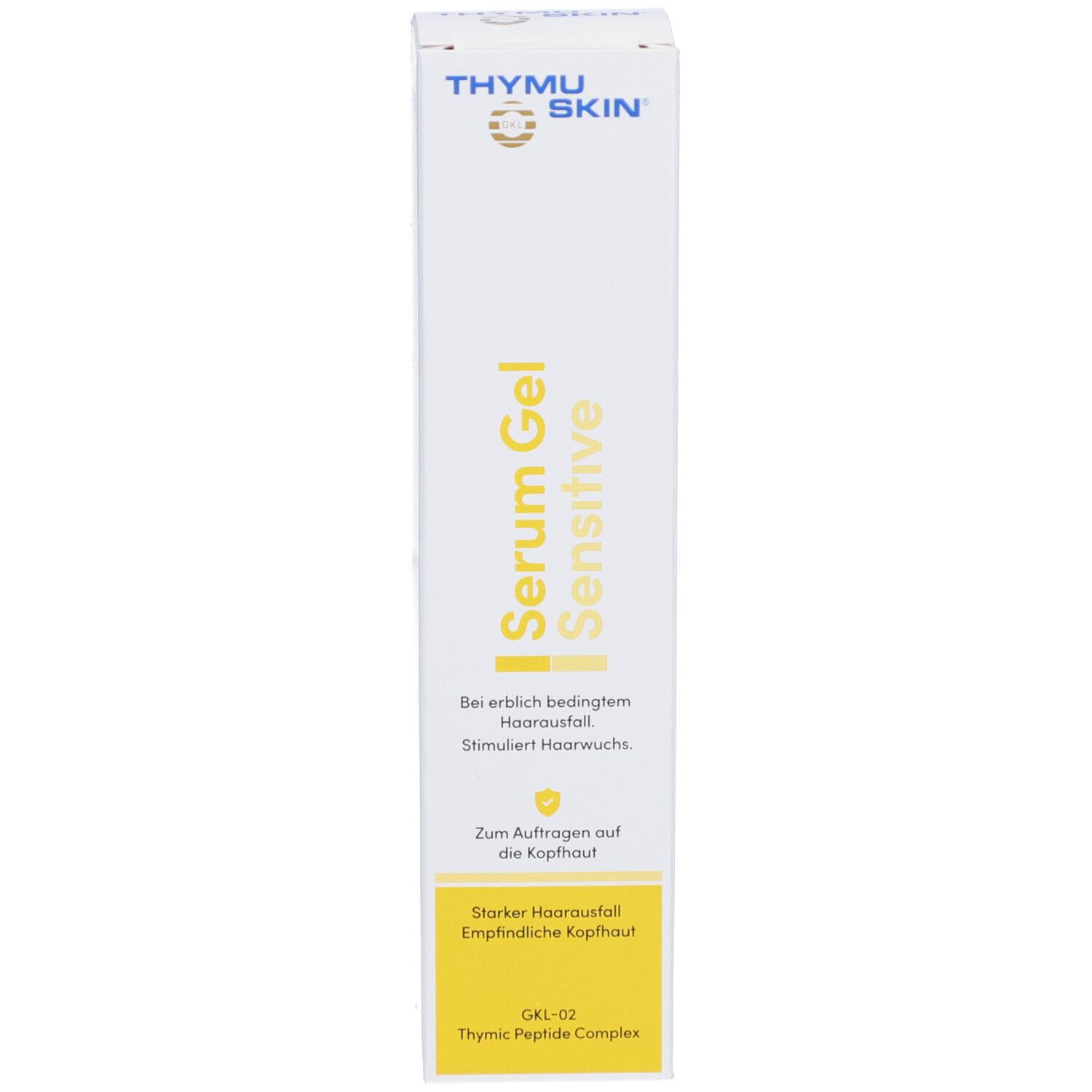 Produktverpackung. Aufschrift: Serum Gel Sensitive. Gelber Bereich mit Text.