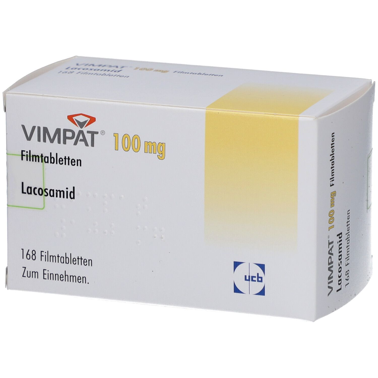 VIMPAT 100 mg Filmtabletten-Packung. Weißer Karton mit Produktnamen, Dosierung und Inhaltsstoff Lacosamid. Enthält 168 Filmtabletten.