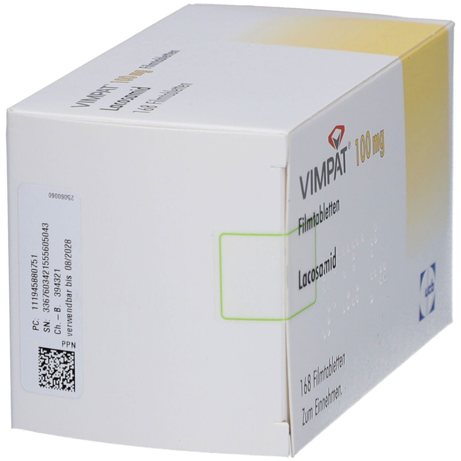 Weiße Faltschachtel mit VIMPAT 100 mg Filmtabletten. Aufdrucke: Lacosamid, 168 Filmtabletten. Barcode, Chargennummer, Verfallsdatum.
