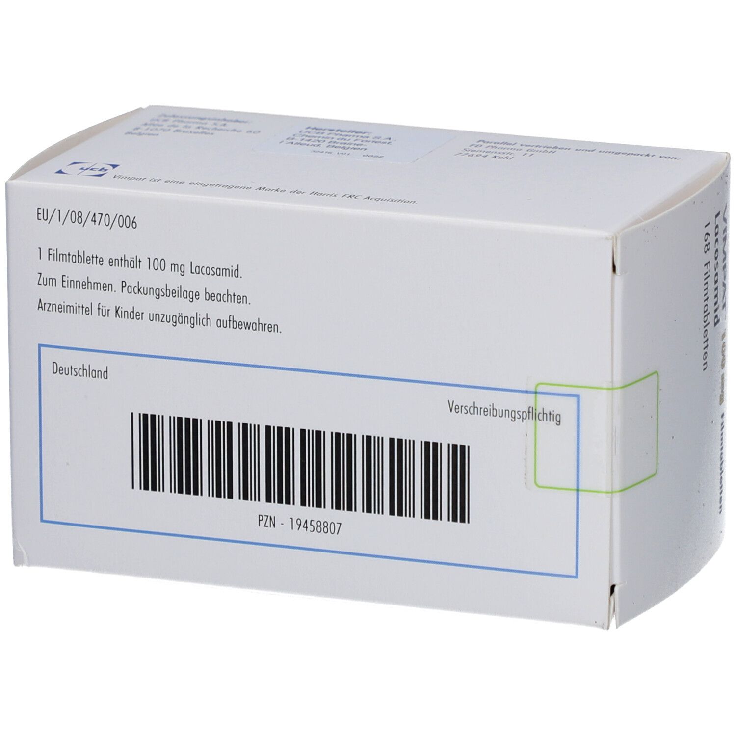 Rückseite der VIMPAT-Packung. Enthält Informationen zur Dosierung, Gebrauchsanweisung und Barcode. Hergestellt in Deutschland. Verschreibungspflichtig.