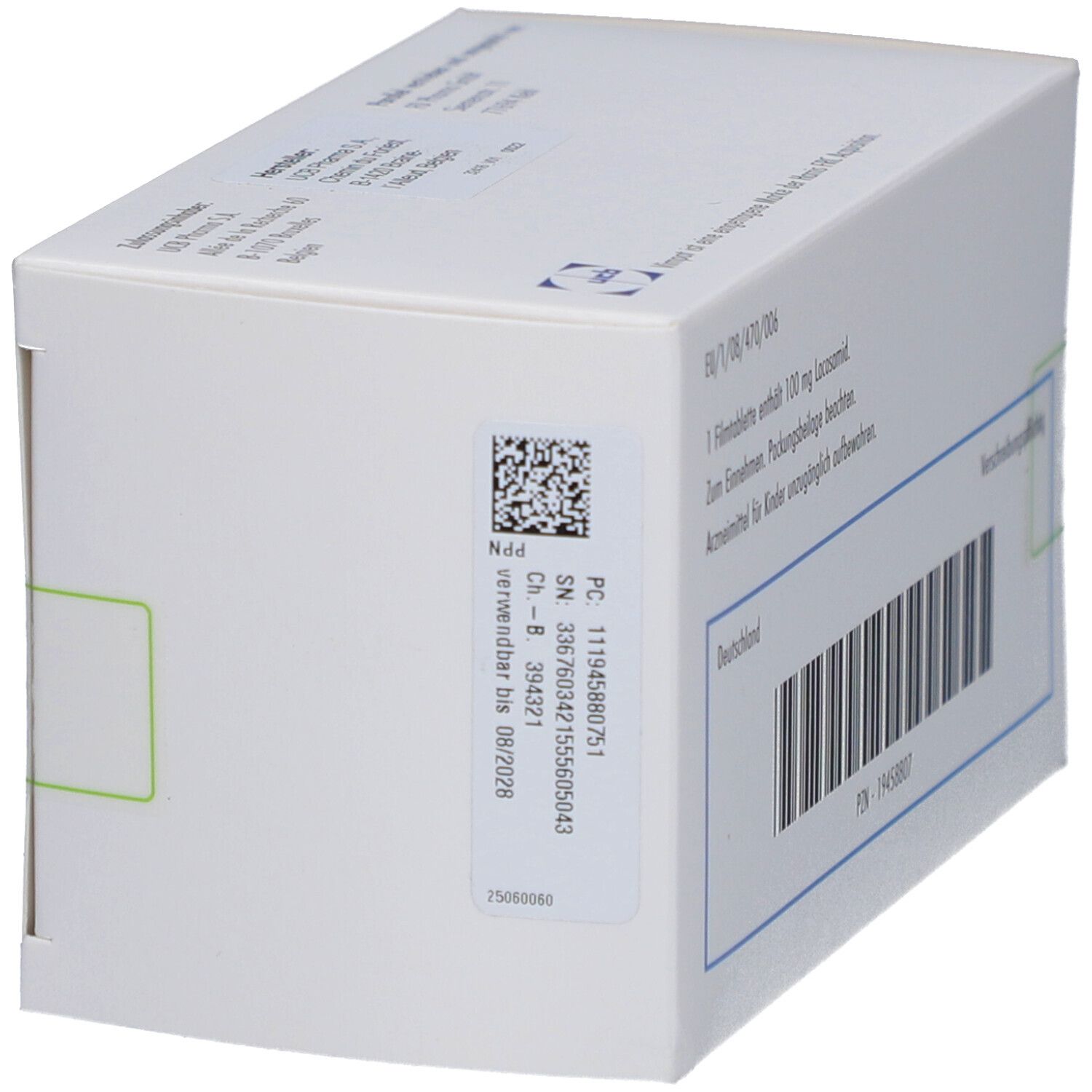 Weiße Faltschachtel mit VIMPAT 100 mg Filmtabletten. Aufdrucke: Lacosamid, 168 Filmtabletten. Barcode, Chargennummer, Verfallsdatum.