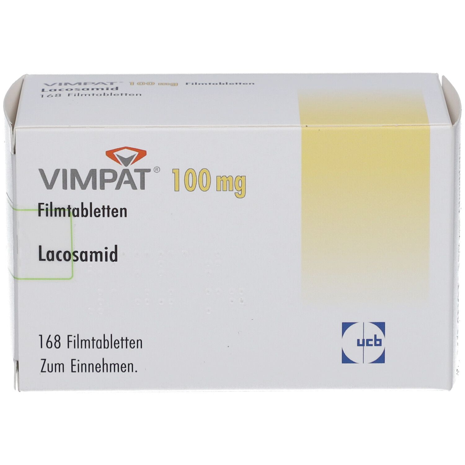 VIMPAT 100 mg Filmtabletten-Packung. Weißer Karton mit Produktnamen, Dosierung und Inhaltsstoff Lacosamid. Enthält 168 Filmtabletten.