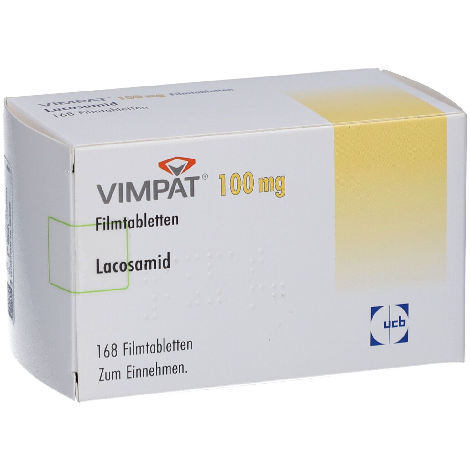 VIMPAT 100 mg Filmtabletten-Packung. Weißer Karton mit Produktnamen, Dosierung und Inhaltsstoff Lacosamid. Enthält 168 Filmtabletten.