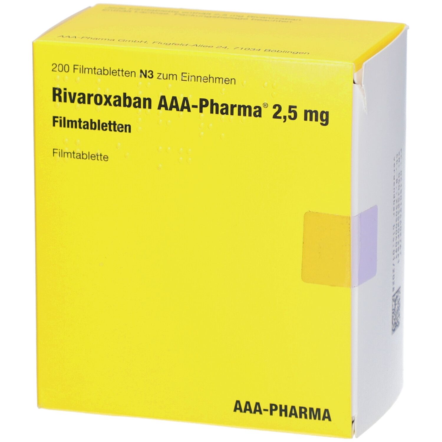 Gelbe Schachtel mit Aufschrift 'Rivaroxaban AAA-Pharma 2,5 mg Filmtabletten'. Enthält 200 Tabletten. AAA-Pharma Logo.