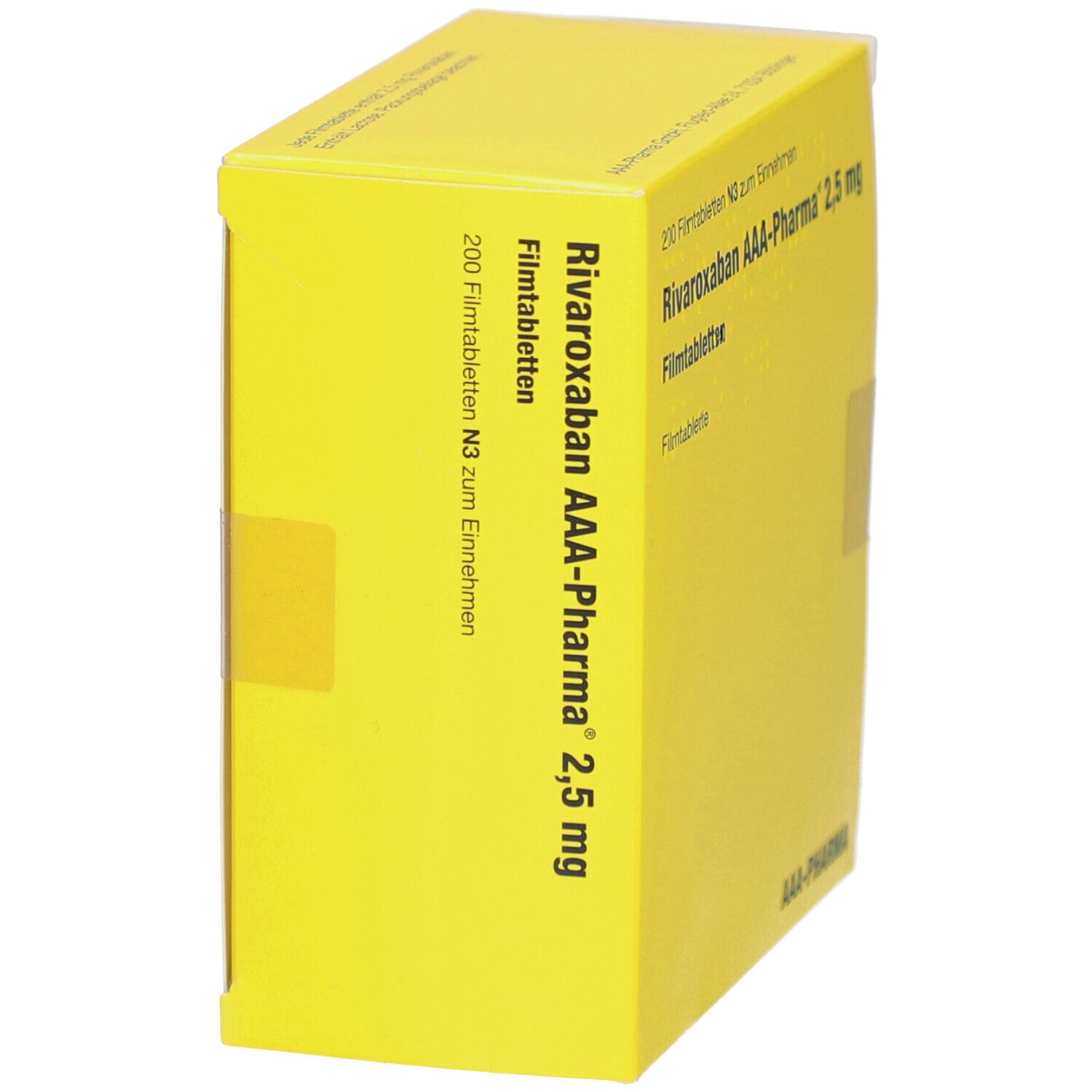 Gelbe Schachtel mit 'Rivaroxaban AAA-Pharma 2,5 mg Filmtabletten'. Enthält 200 Tabletten. AAA-Pharma Logo. Seitenansicht.