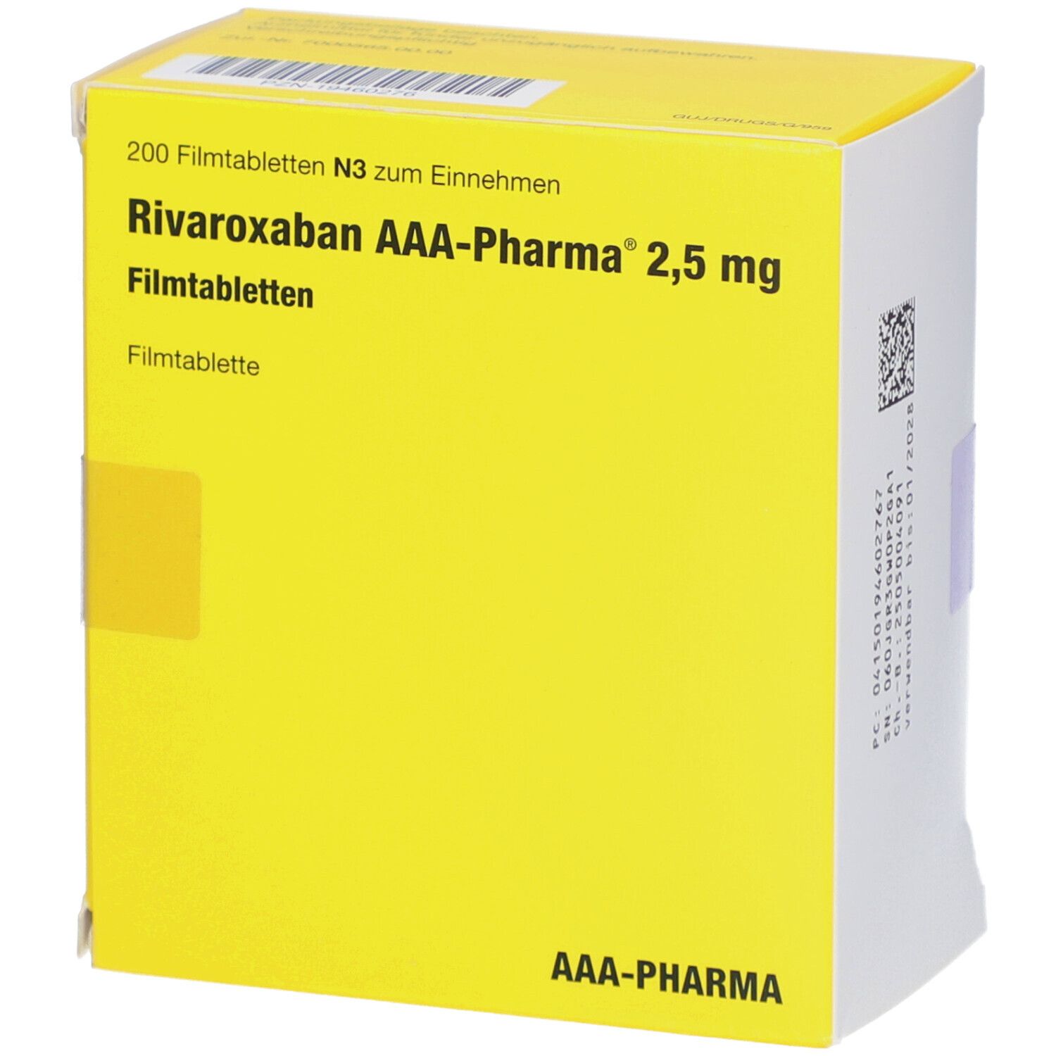 Gelbe Schachtel mit 'Rivaroxaban AAA-Pharma 2,5 mg Filmtabletten'. Enthält 200 Tabletten. AAA-Pharma Logo. Mit Barcode.