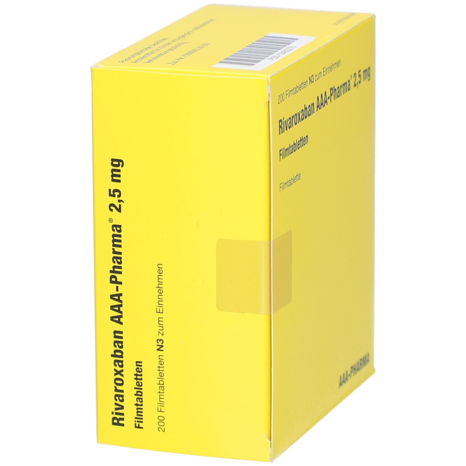 Gelbe Schachtel mit 'Rivaroxaban AAA-Pharma 2,5 mg Filmtabletten'. Enthält 200 Tabletten. AAA-Pharma Logo. Seitenansicht.
