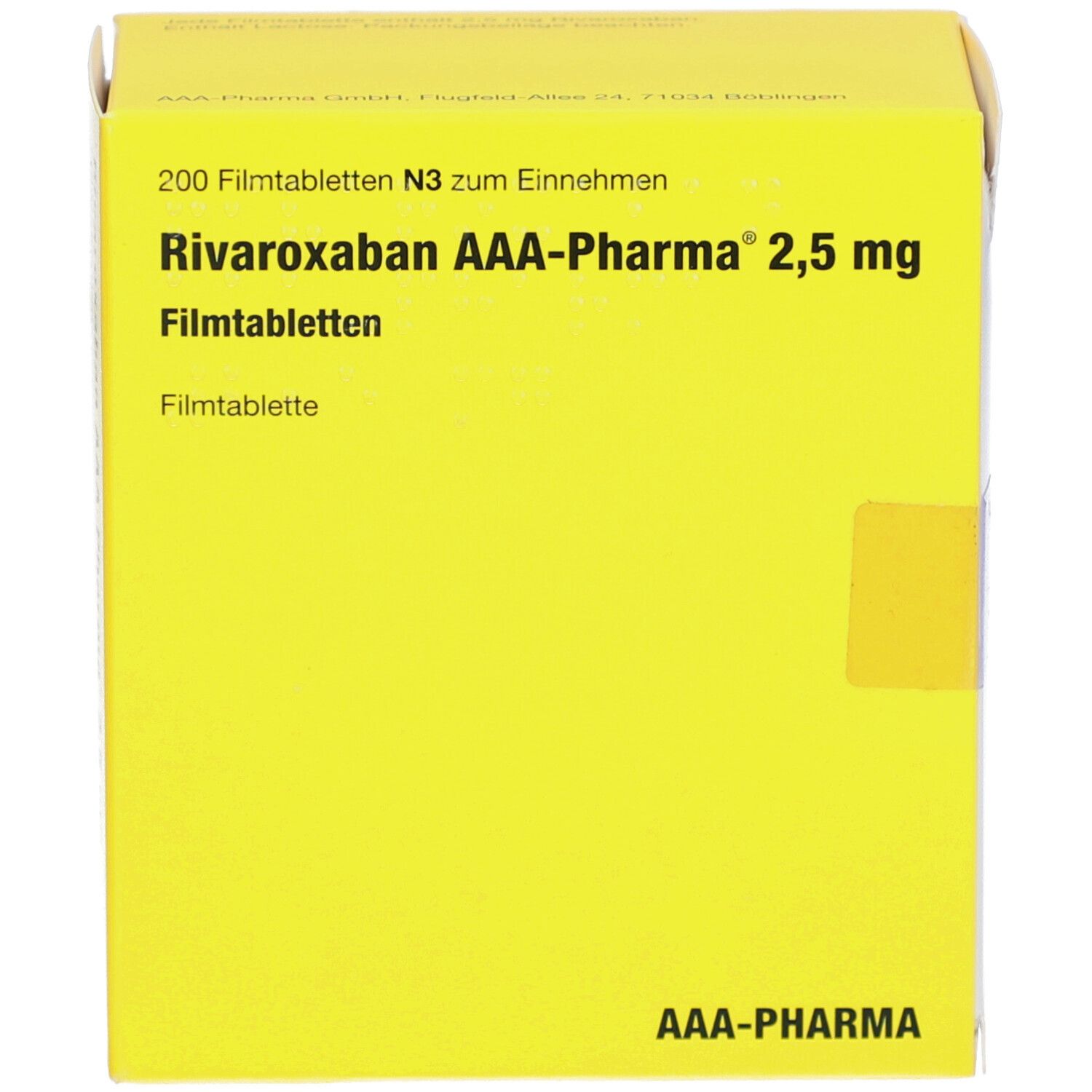 Gelbe Schachtel mit 'Rivaroxaban AAA-Pharma 2,5 mg Filmtabletten'. Enthält 200 Tabletten. AAA-Pharma Logo.