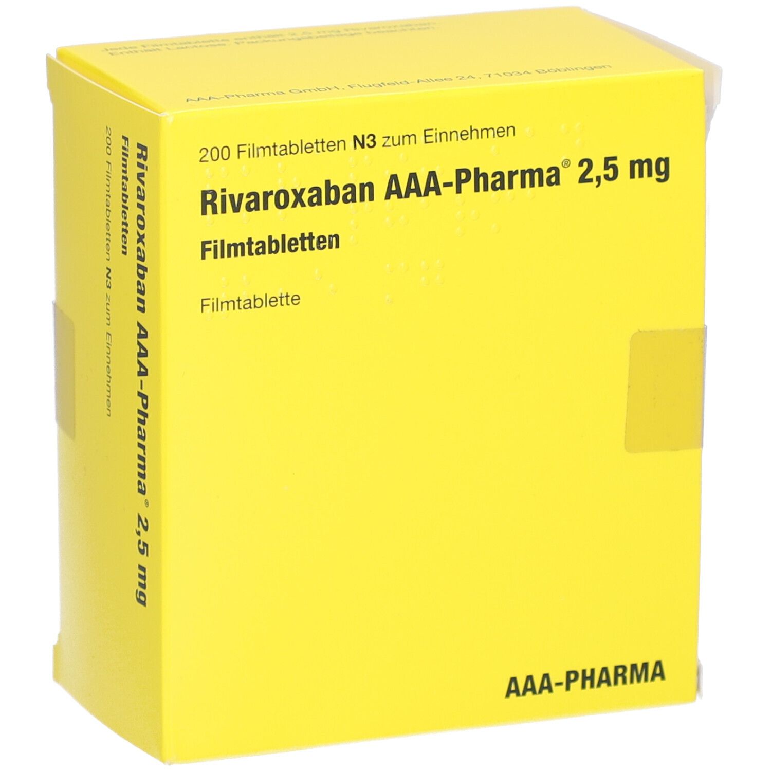 Gelbe Schachtel mit 'Rivaroxaban AAA-Pharma 2,5 mg Filmtabletten'. Enthält 200 Tabletten. AAA-Pharma Logo.