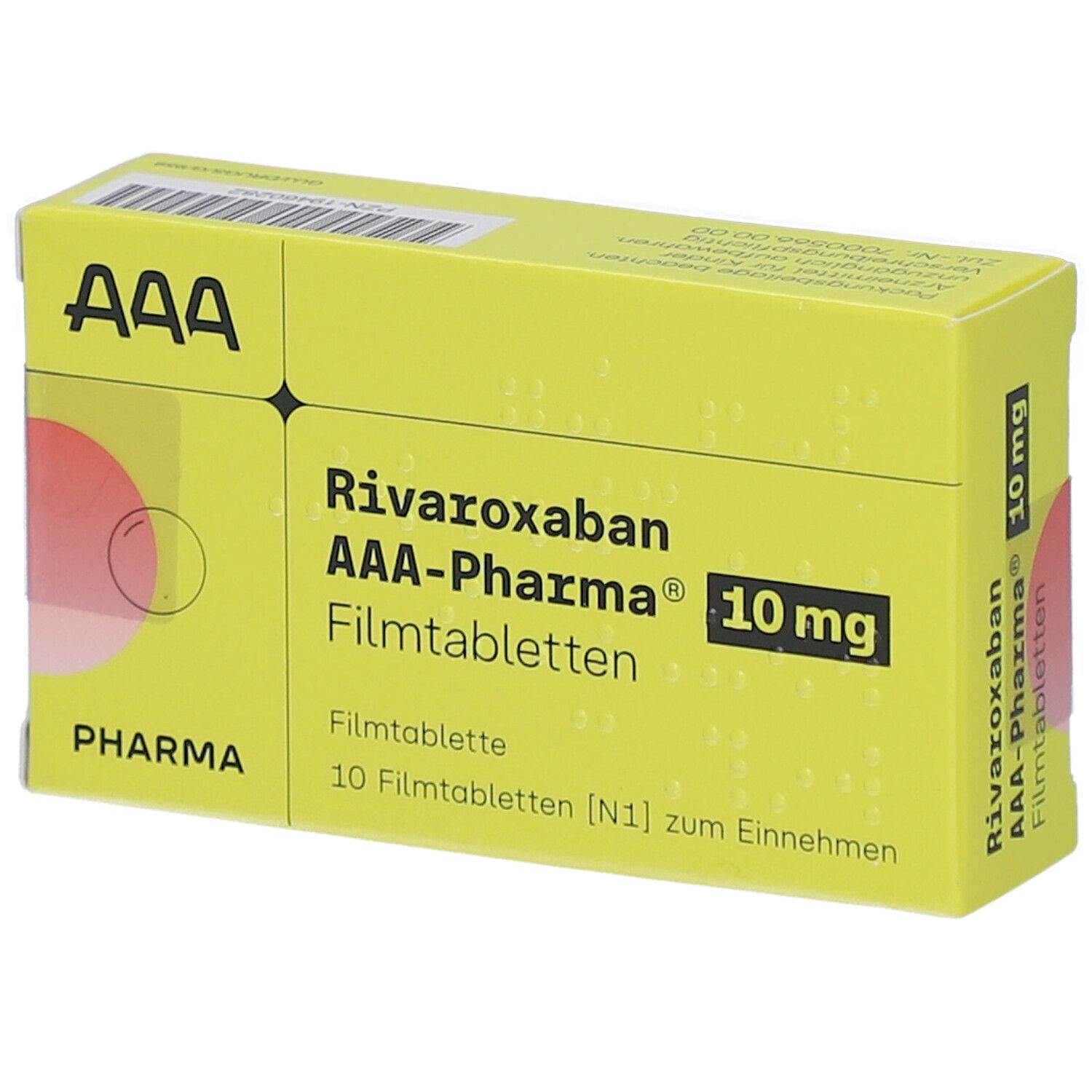 Gelbe Schachtel mit "Rivaroxaban AAA-Pharma 10 mg Filmtabletten". "AAA" Logo. 10 Tabletten. "10 mg" hervorgehoben.