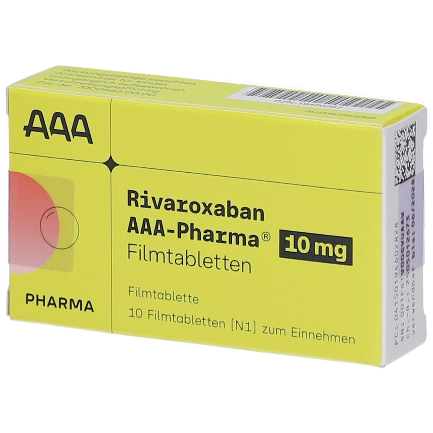 Gelbe Schachtel "Rivaroxaban AAA-Pharma 10 mg Filmtabletten". "AAA" Logo. 10 Tabletten. "10 mg" hervorgehoben.