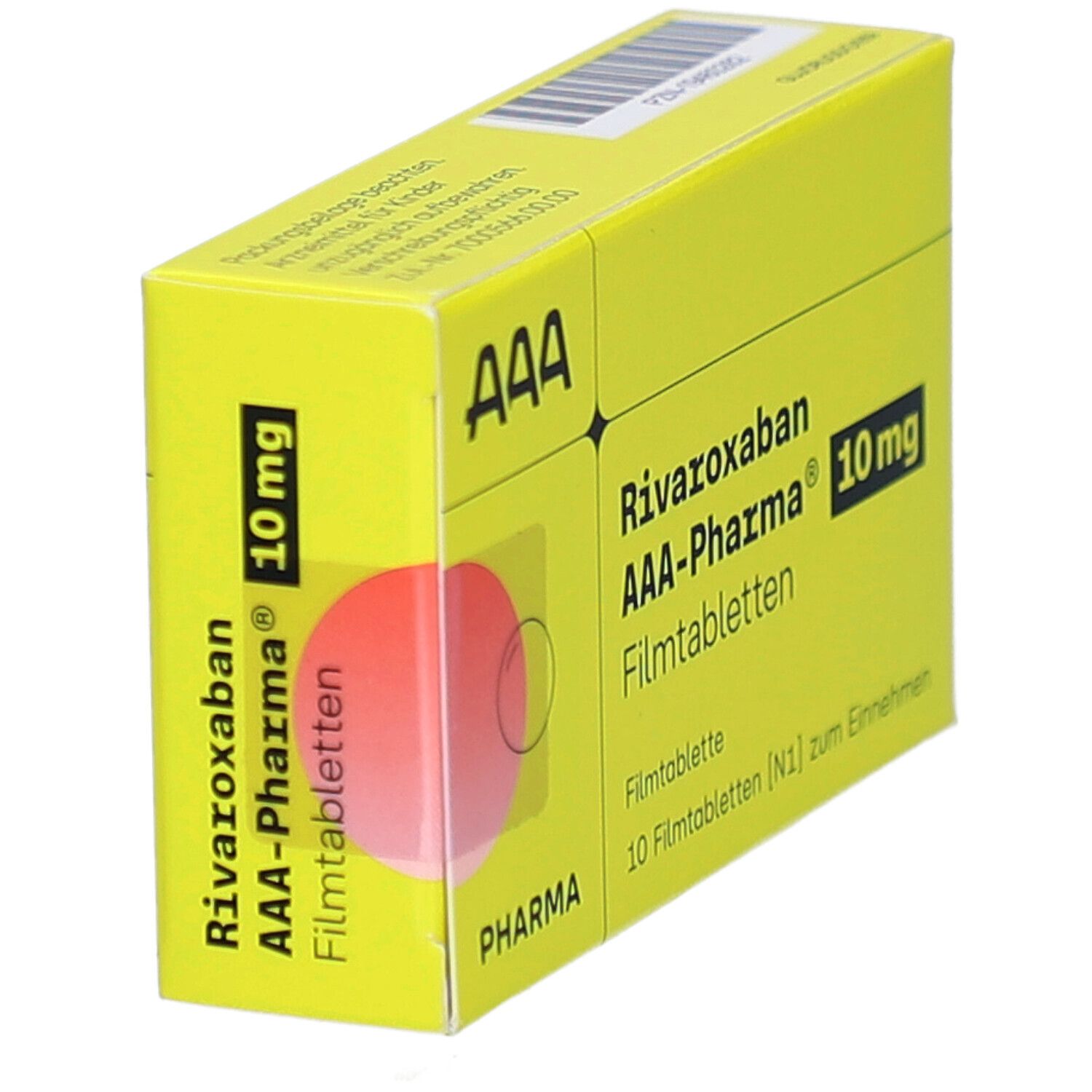 Gelbe Schachtel "Rivaroxaban AAA-Pharma 10 mg Filmtabletten". "AAA" Logo. "10 mg" hervorgehoben. Seitenansicht.