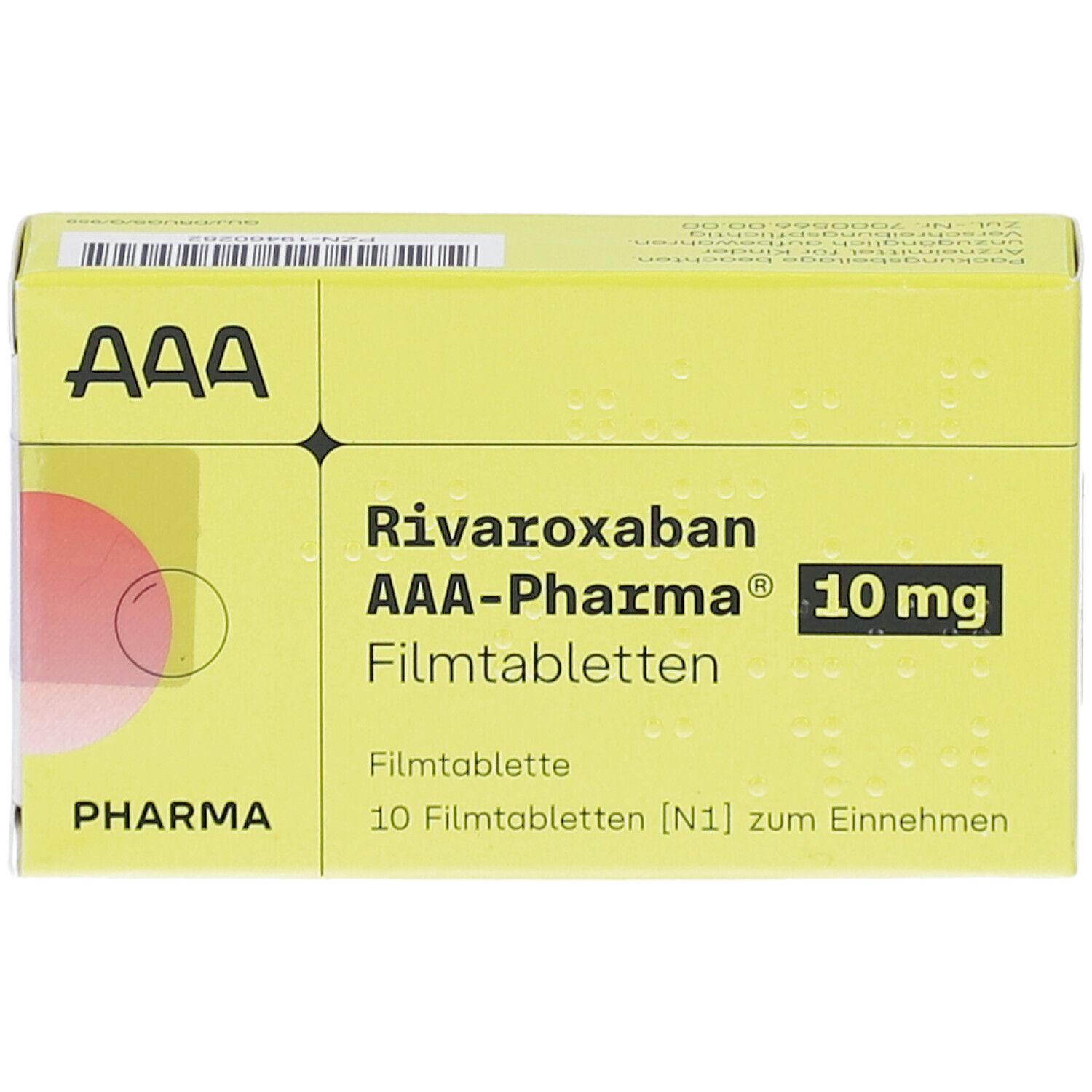 Gelbe Schachtel "Rivaroxaban AAA-Pharma 10 mg Filmtabletten". "AAA" Logo. 10 Tabletten. "10 mg" hervorgehoben.