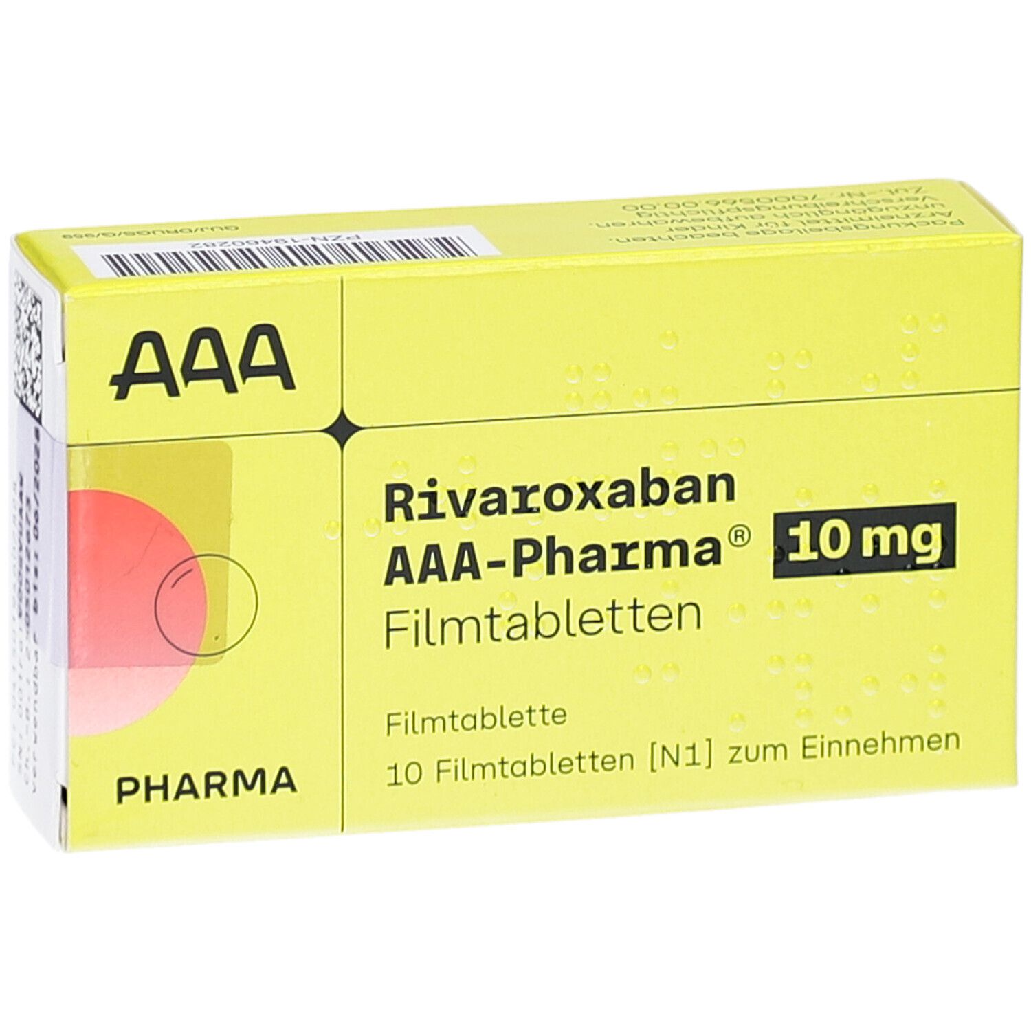 Gelbe Schachtel "Rivaroxaban AAA-Pharma 10 mg Filmtabletten". "AAA" Logo. 10 Tabletten. "10 mg" hervorgehoben.