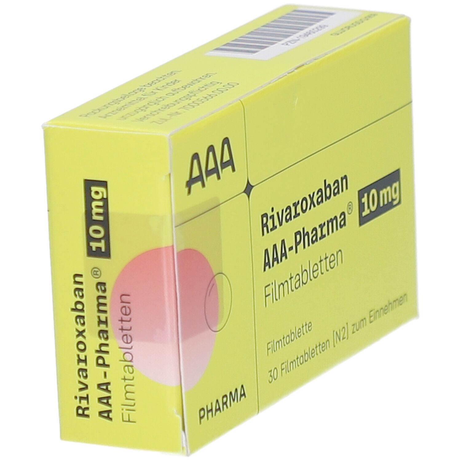Gelbe Schachtel mit Aufschrift RIVAROXABAN AAA-Pharma 10 mg Filmtabletten. Enthält 30 Filmtabletten. AAA-Logo.