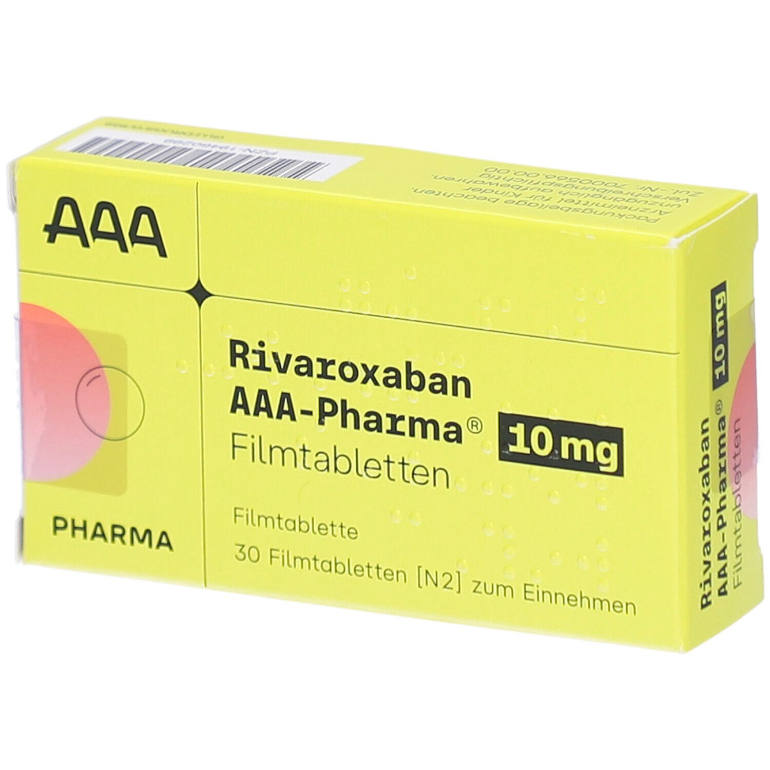 Gelbe Schachtel mit Aufschrift RIVAROXABAN AAA-Pharma 10 mg Filmtabletten. Enthält 30 Filmtabletten. AAA-Logo.