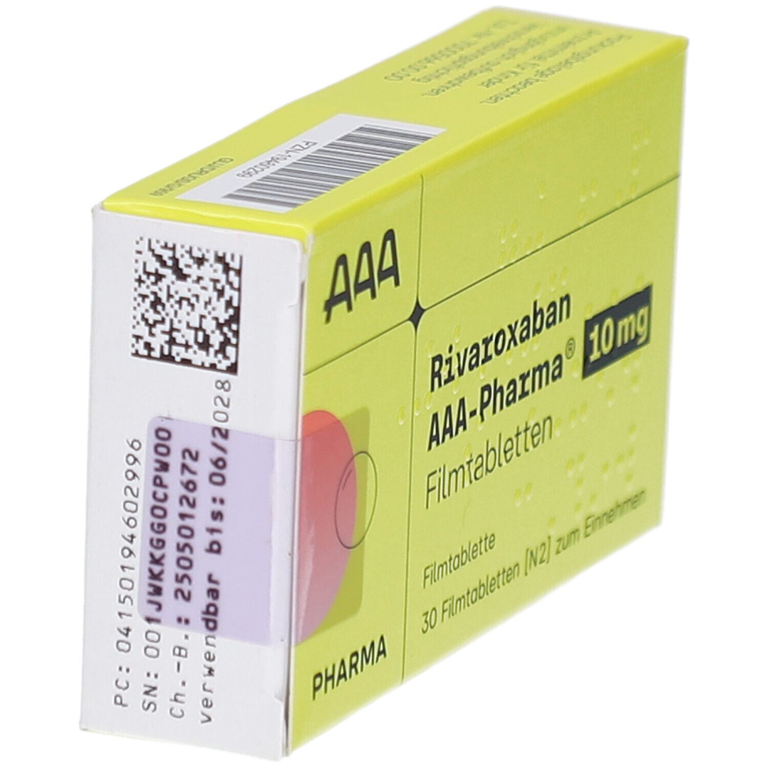 Gelbe Schachtel mit Aufschrift RIVAROXABAN AAA-Pharma 10 mg Filmtabletten. Enthält 30 Filmtabletten. AAA-Logo.