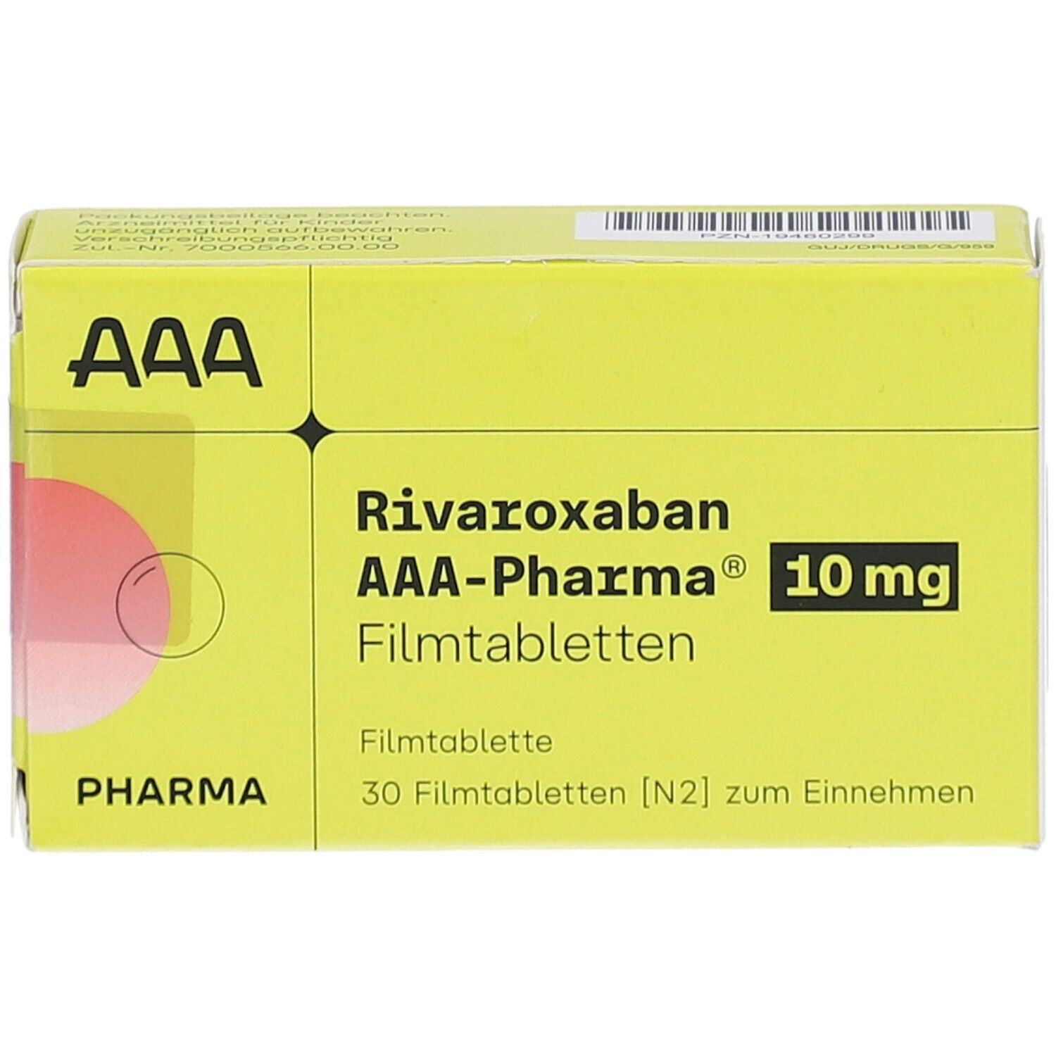 Gelbe Schachtel mit Aufschrift RIVAROXABAN AAA-Pharma 10 mg Filmtabletten. Enthält 30 Filmtabletten. AAA-Logo.