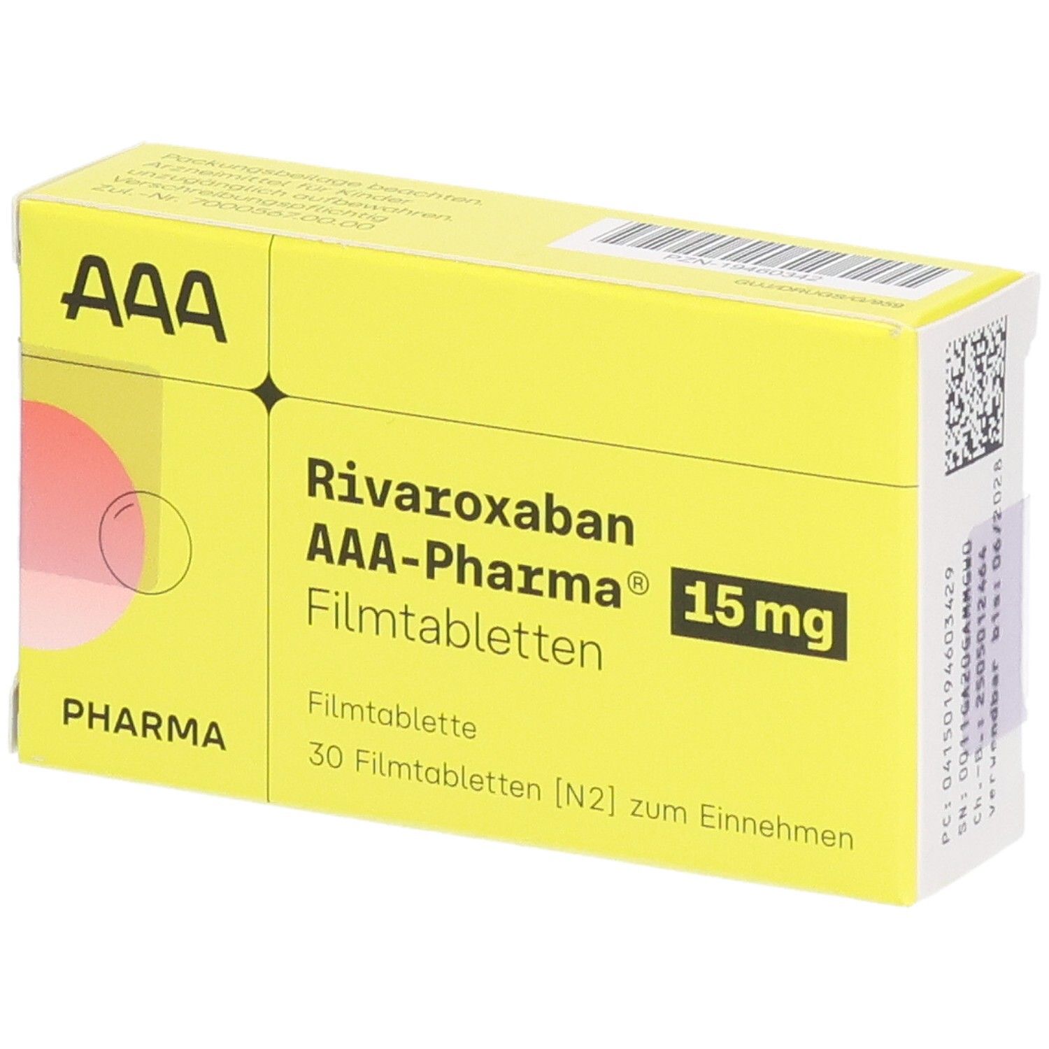 Gelbe Schachtel mit "Rivaroxaban AAA-Pharma 15 mg Filmtabletten". Aufdrucke: "AAA", "Pharma", "30 Filmtabletten".
