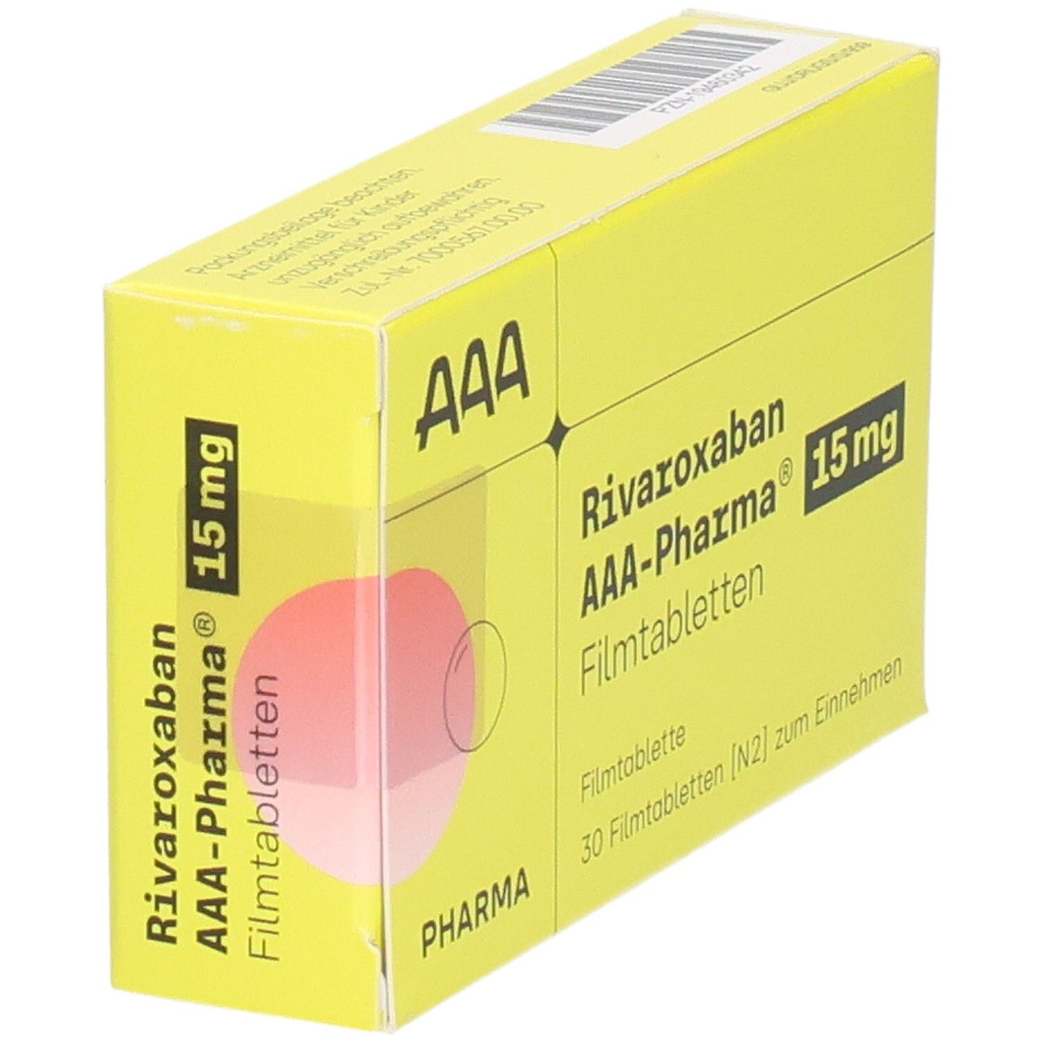Gelbe Schachtel mit "Rivaroxaban AAA-Pharma 15 mg Filmtabletten". Aufdrucke: "AAA", "Pharma", "30 Filmtabletten".