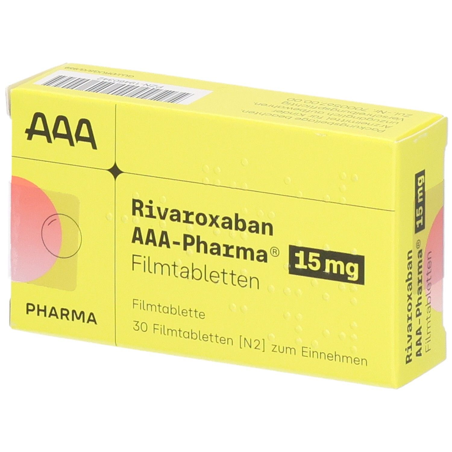 Gelbe Schachtel mit "Rivaroxaban AAA-Pharma 15 mg Filmtabletten". Aufdrucke: "AAA", "Pharma", "30 Filmtabletten".
