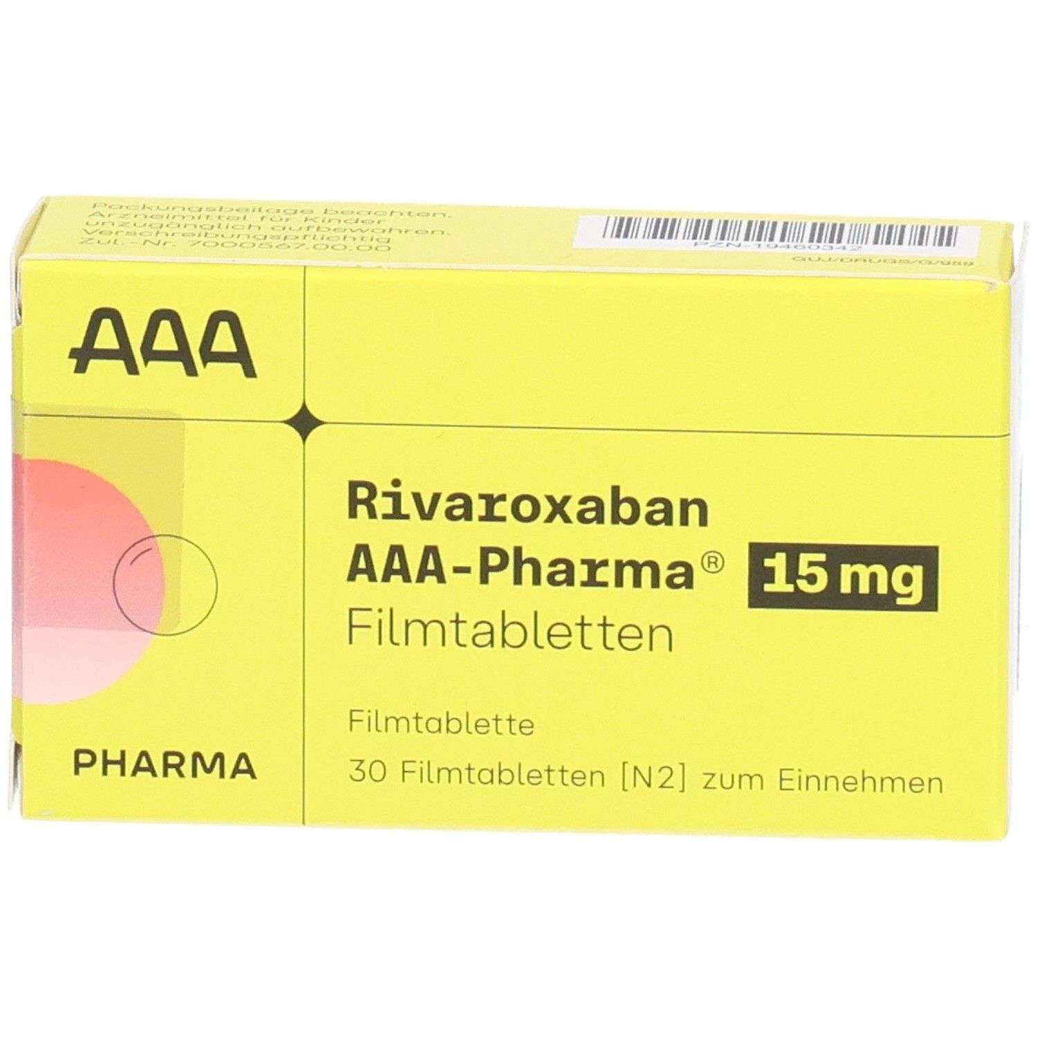 Gelbe Schachtel mit "Rivaroxaban AAA-Pharma 15 mg Filmtabletten". Aufdrucke: "AAA", "Pharma", "30 Filmtabletten".