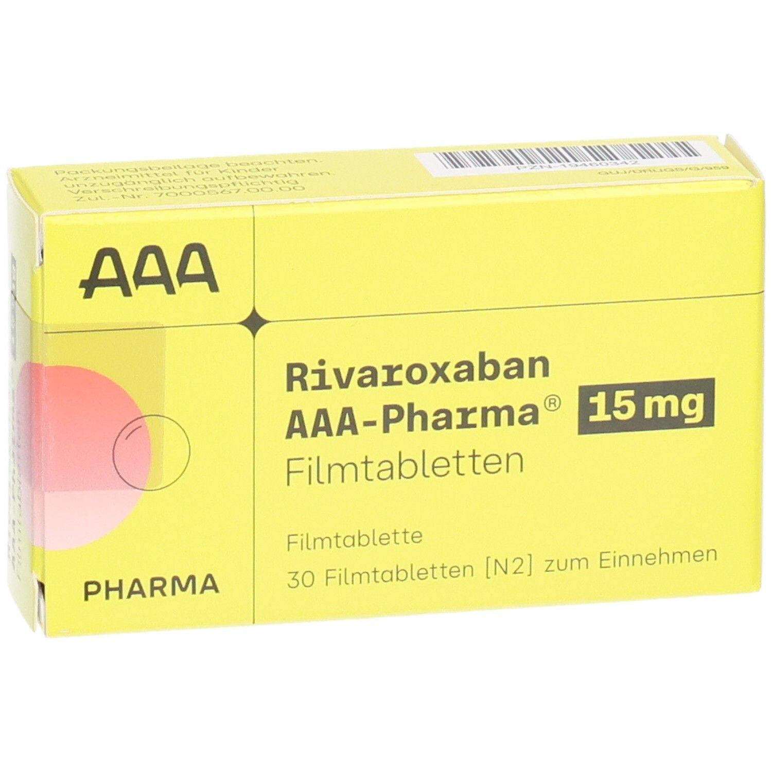 Gelbe Schachtel mit "Rivaroxaban AAA-Pharma 15 mg Filmtabletten". Aufdrucke: "AAA", "Pharma", "30 Filmtabletten".