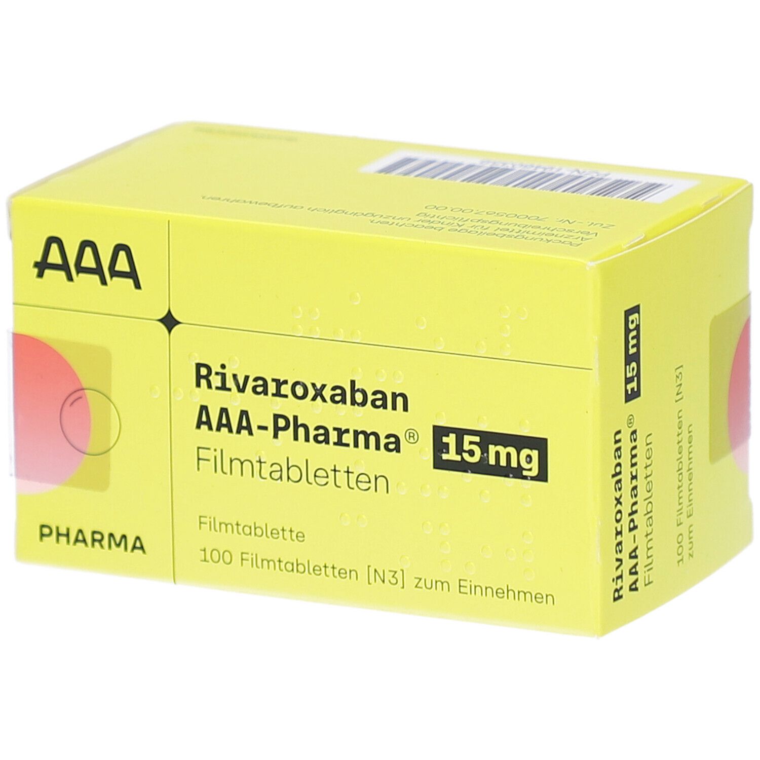 Gelbe Schachtel mit Aufschrift Rivaroxaban AAA-Pharma 15 mg Filmtabletten. Enthält 100 Filmtabletten.