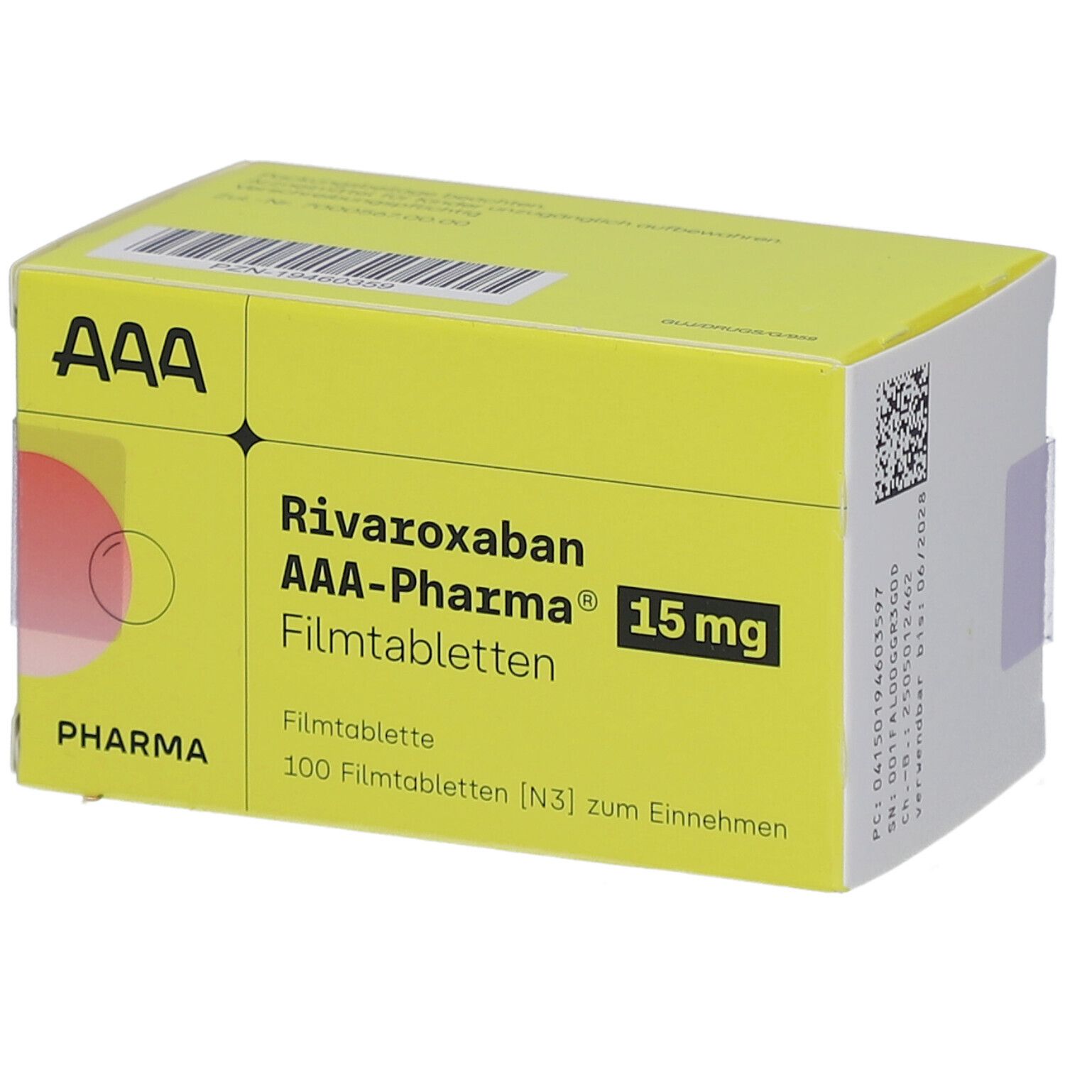 Gelbe Schachtel "Rivaroxaban AAA-Pharma 15 mg Filmtabletten". Enthält 100 Tabletten. "AAA" Logo. QR-Code und Barcode.