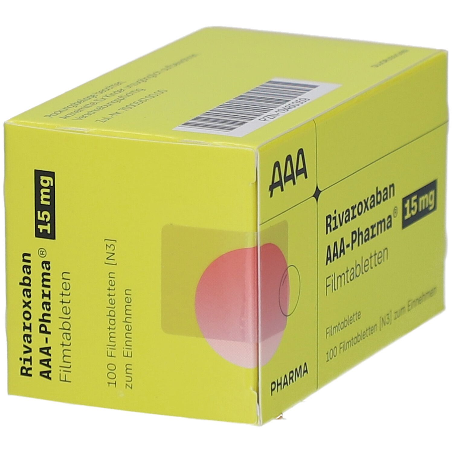 Gelbe Schachtel mit Aufschrift Rivaroxaban AAA-Pharma 15 mg Filmtabletten. 100 Filmtabletten.