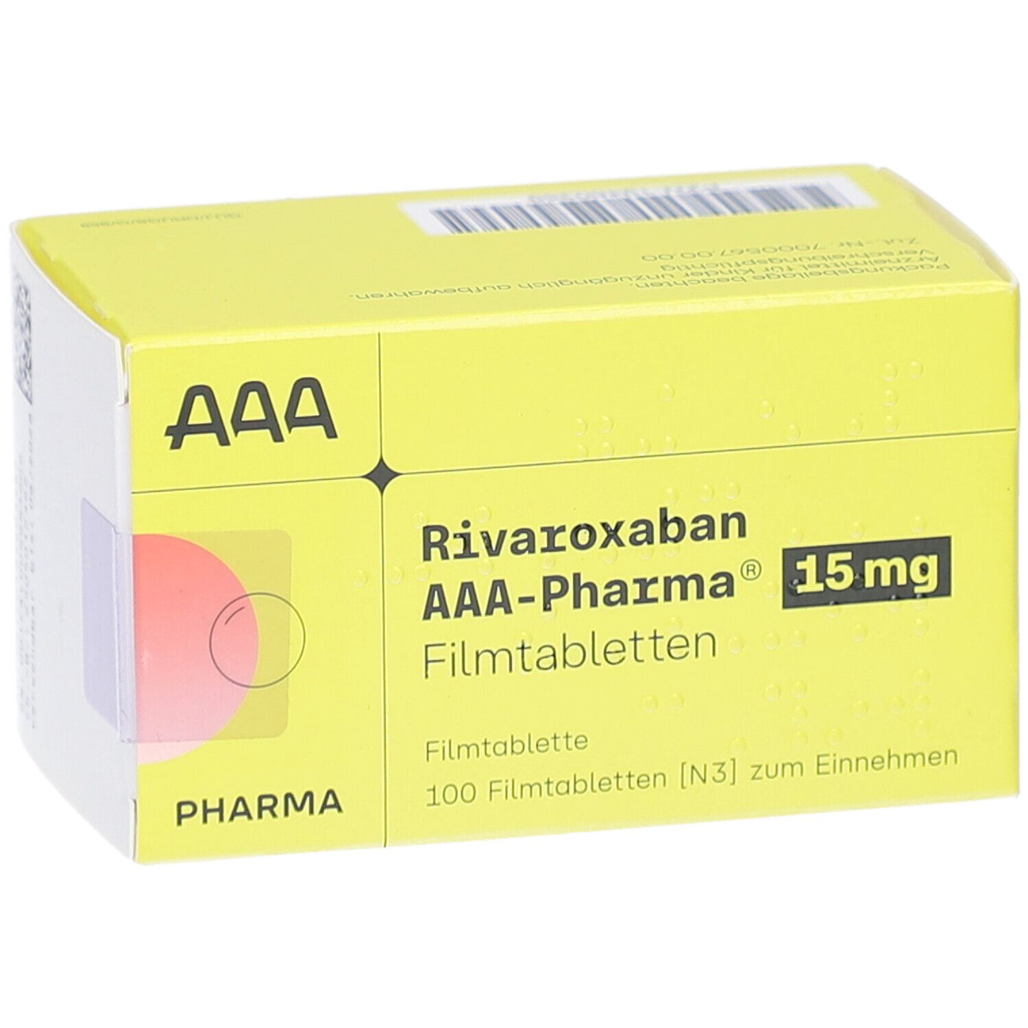Gelbe Schachtel mit Aufschrift Rivaroxaban AAA-Pharma 15 mg Filmtabletten. 100 Filmtabletten.