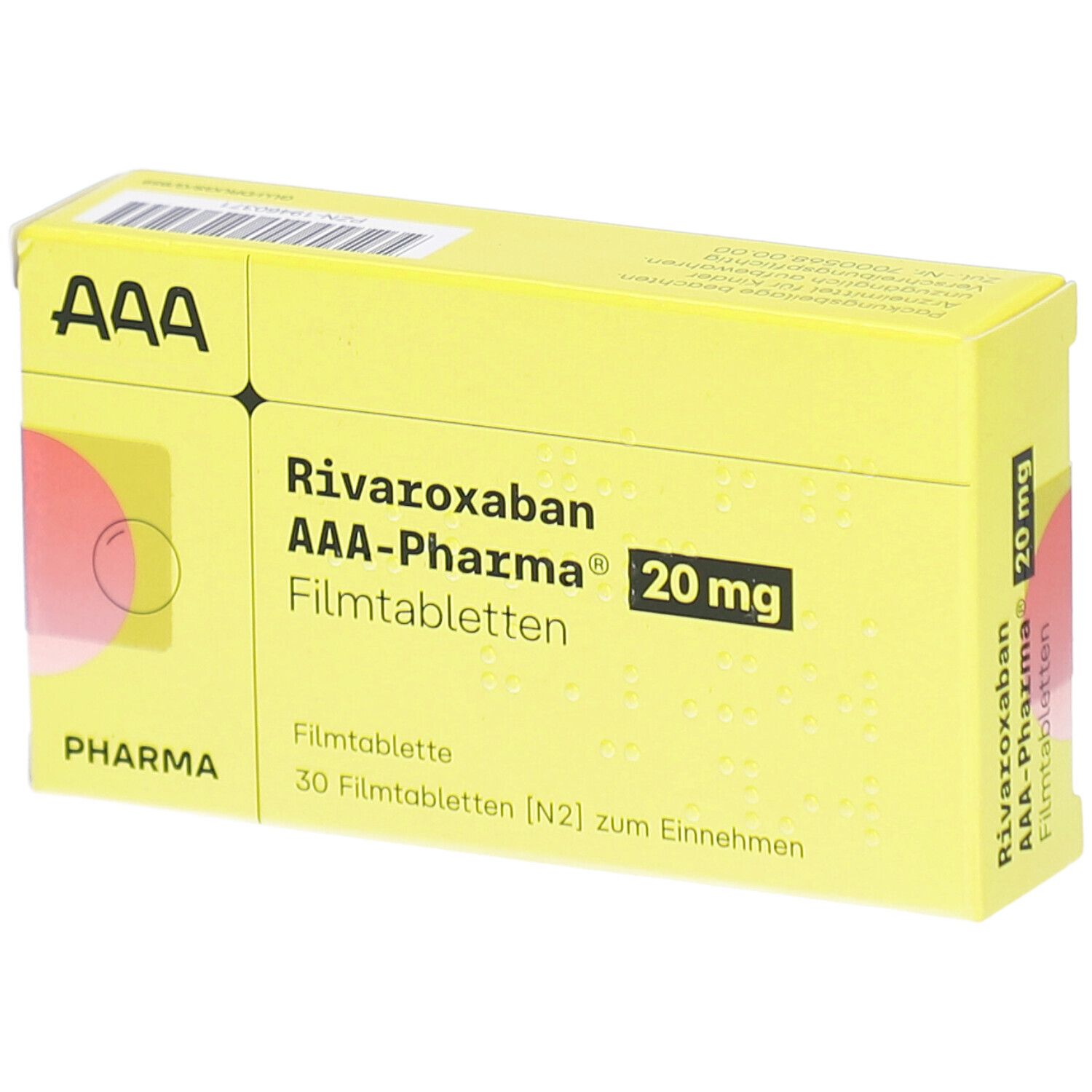 Gelbe Schachtel mit "Rivaroxaban AAA-Pharma 20 mg Filmtabletten". Aufdrucke: "Pharma", "30 Filmtabletten".
